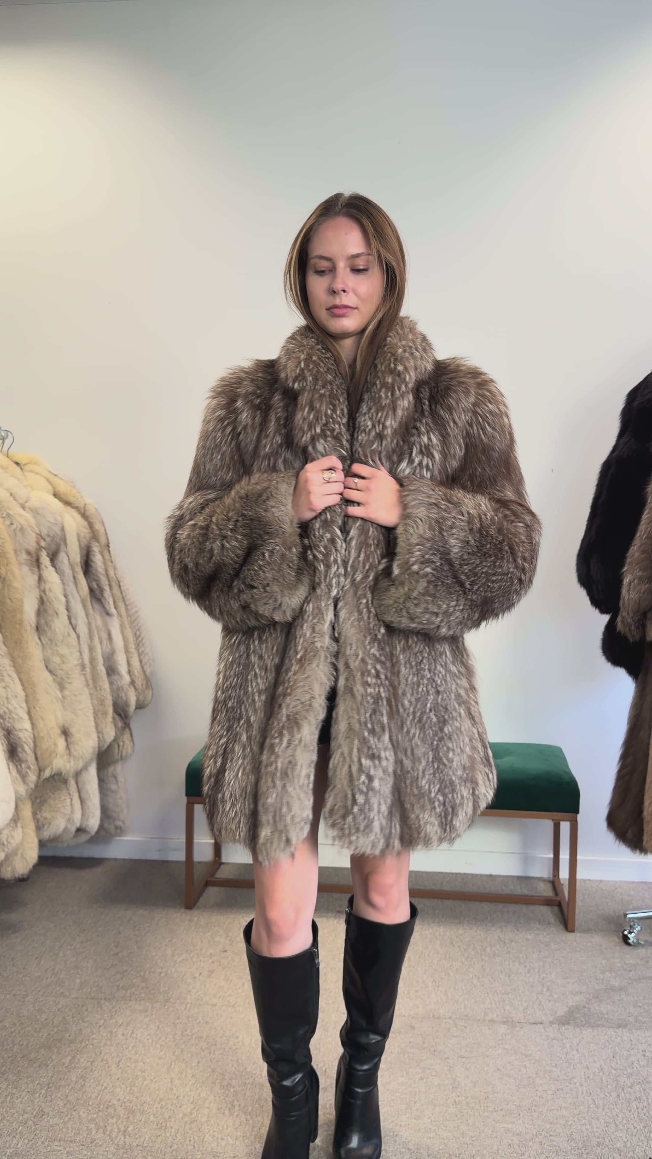 Real Silver Fox Fur Coat, Hip Length, Size L