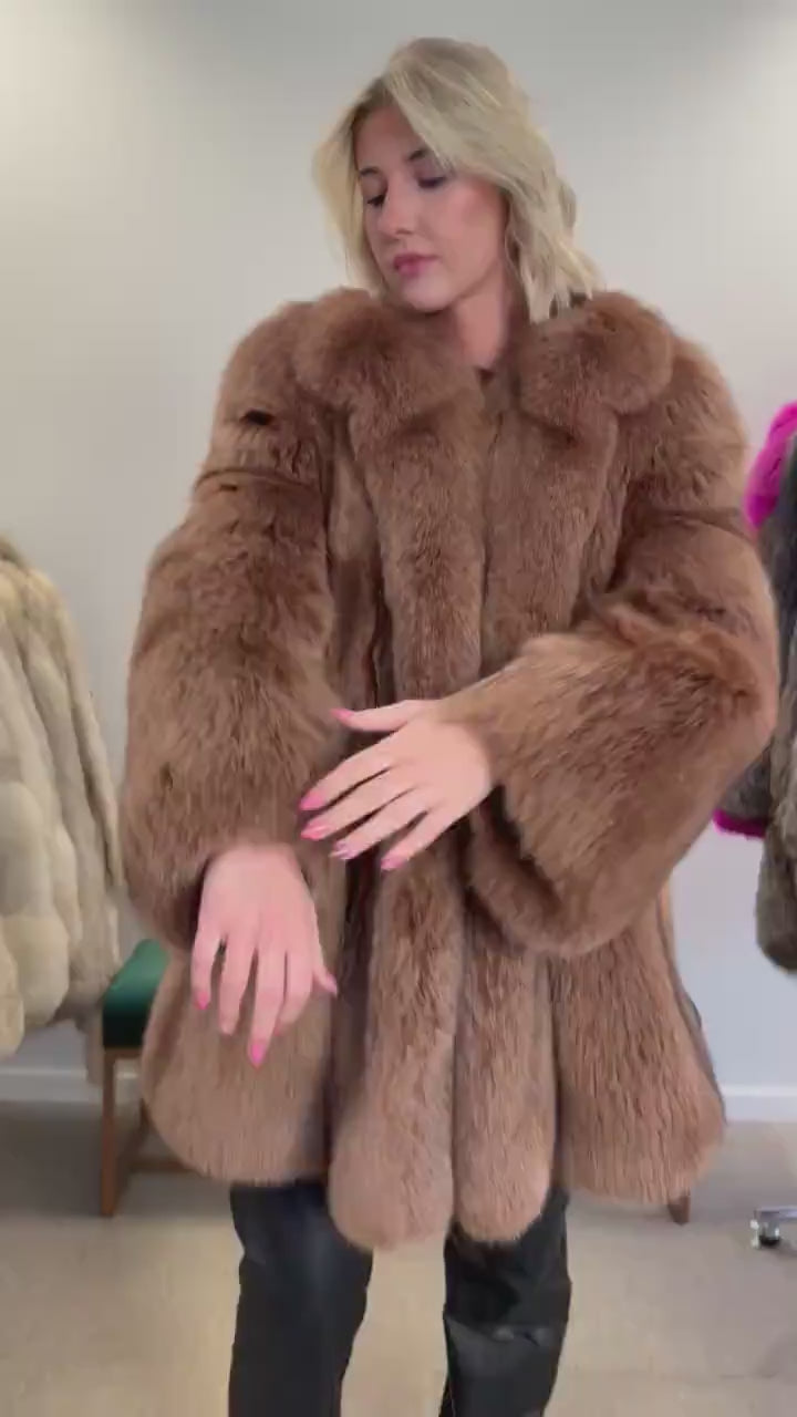 Sable colour Brown fox fur coat full fluffy,  medium size, real fur coat, fox fur coat, fur coat women, vintage fur coat, excellent