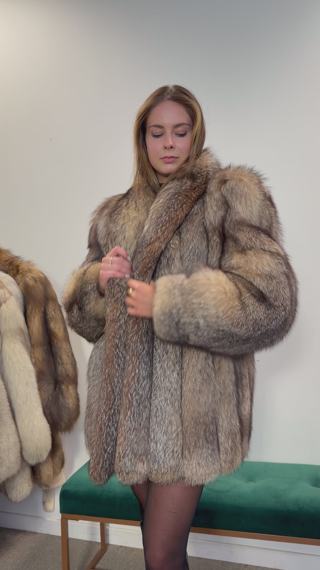Crystal Fox Real Fur Coat, Size L, Frost White