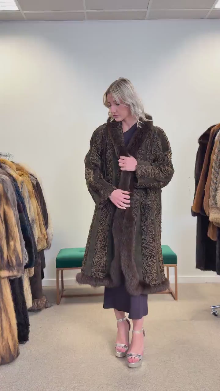 Brown Astrakhan with Fox Fur Collar, XL Size, Astrakhan Fur Coat, Vintage Fur Coat, Swinger Fur Coat, Thick Fur Coat, Long Astrakhan Coat