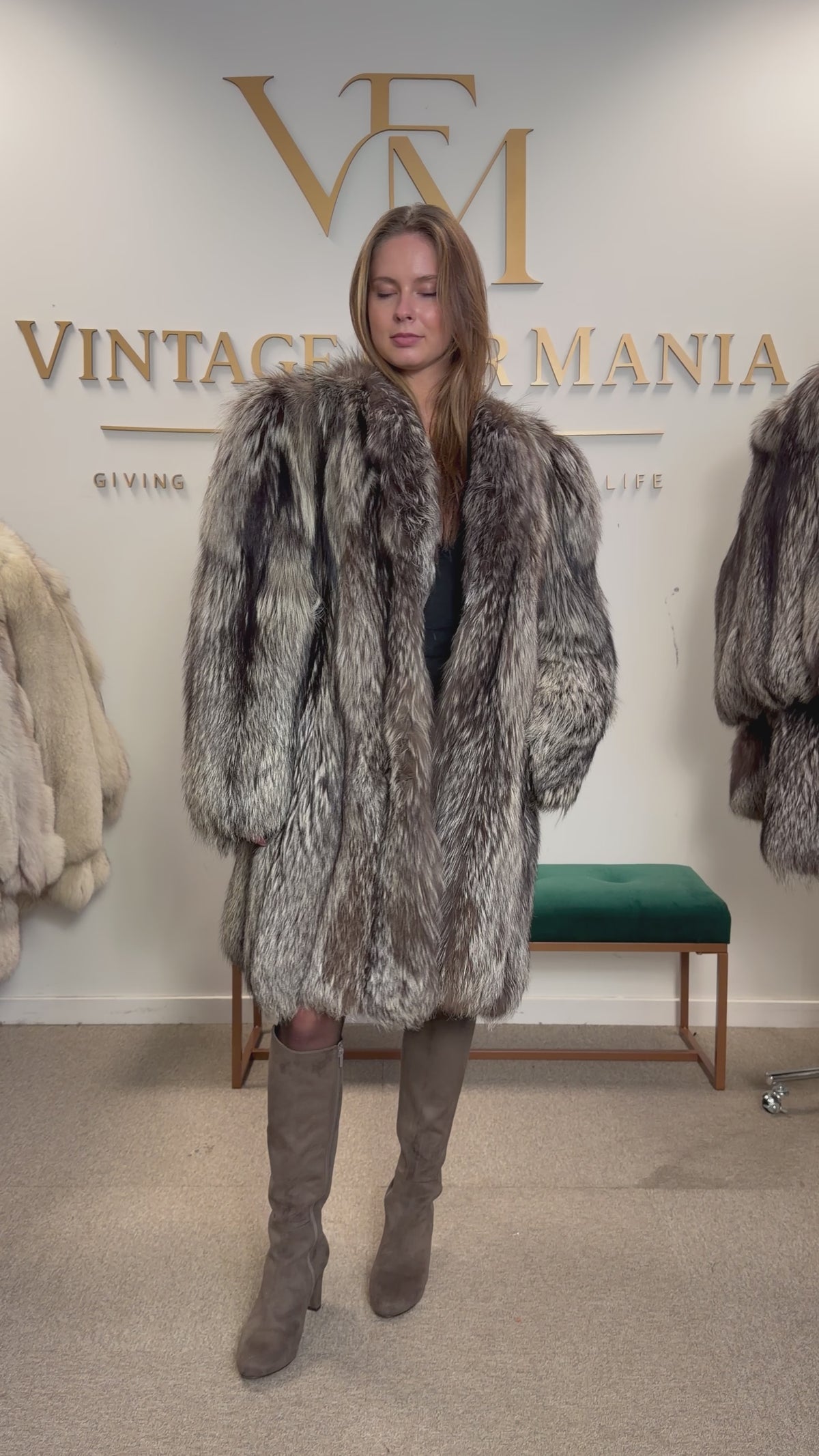 Silver Fox Fur Coat, XL, Collarless, Rare Style