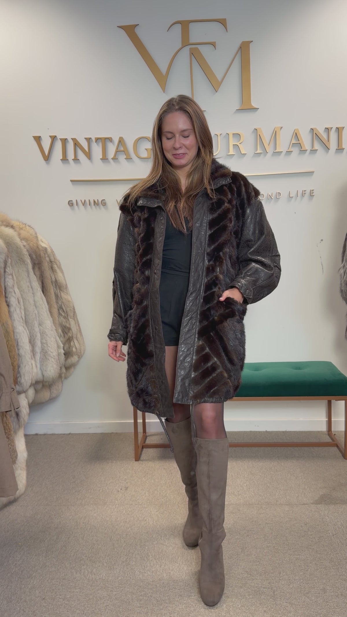 Dark Brown Mink Fur Jacket, Medium, Leather