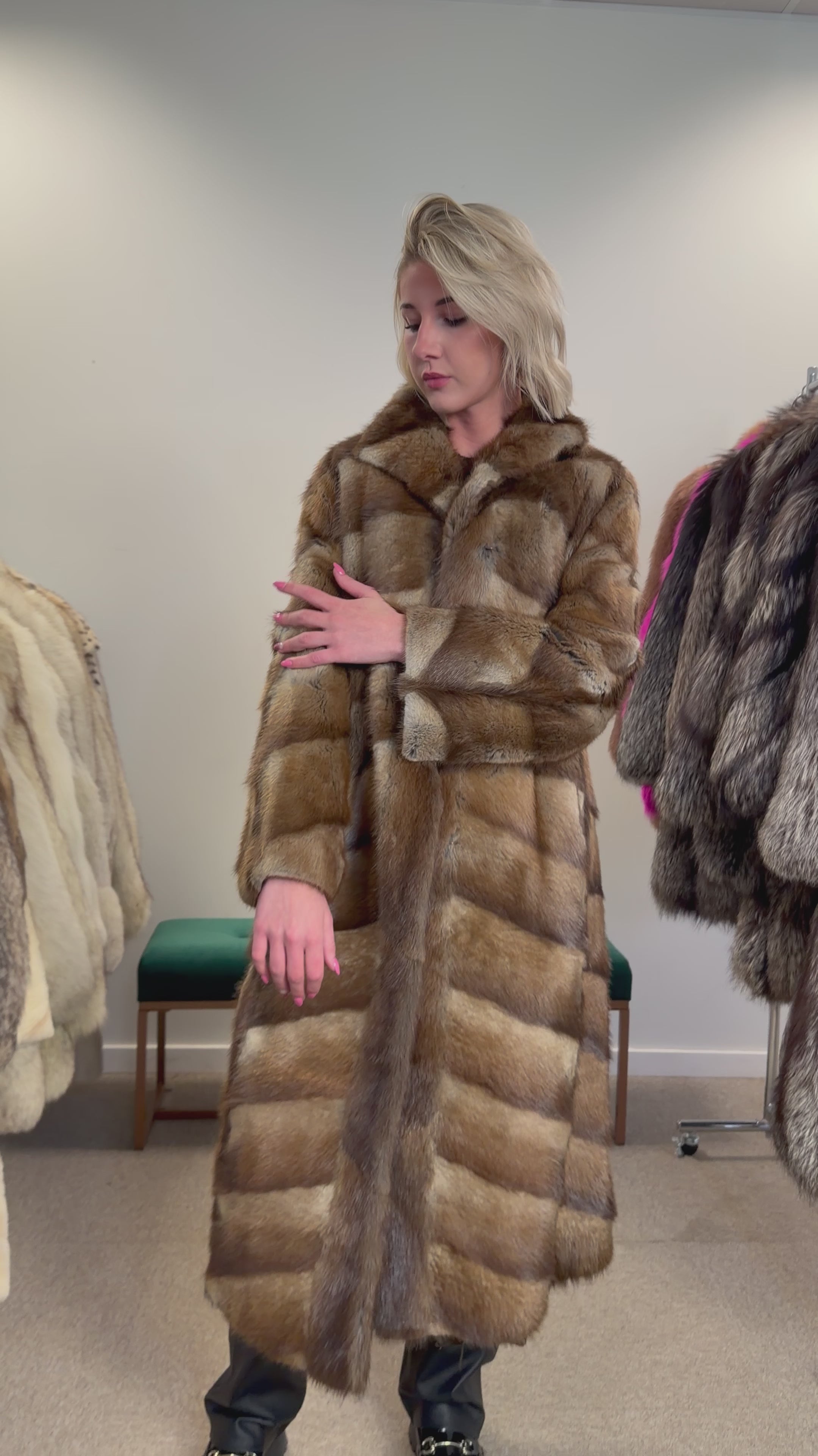 Muskrat Fur Coat, Brown, Full Length, Size S