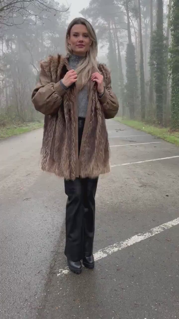 Raccoon Fur Coat with Leather, XL Size, Unique and Eye-Catching Style, Luxurious Real Raccoon Fur in Brown Color, Premium Women's Outerwear