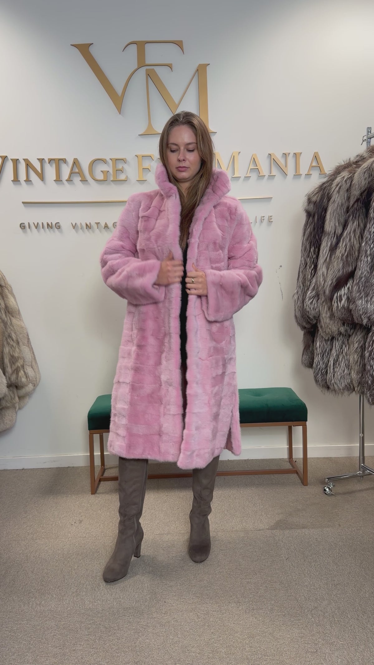 Mink Fur Coat, Pink Swinger, Size M/L