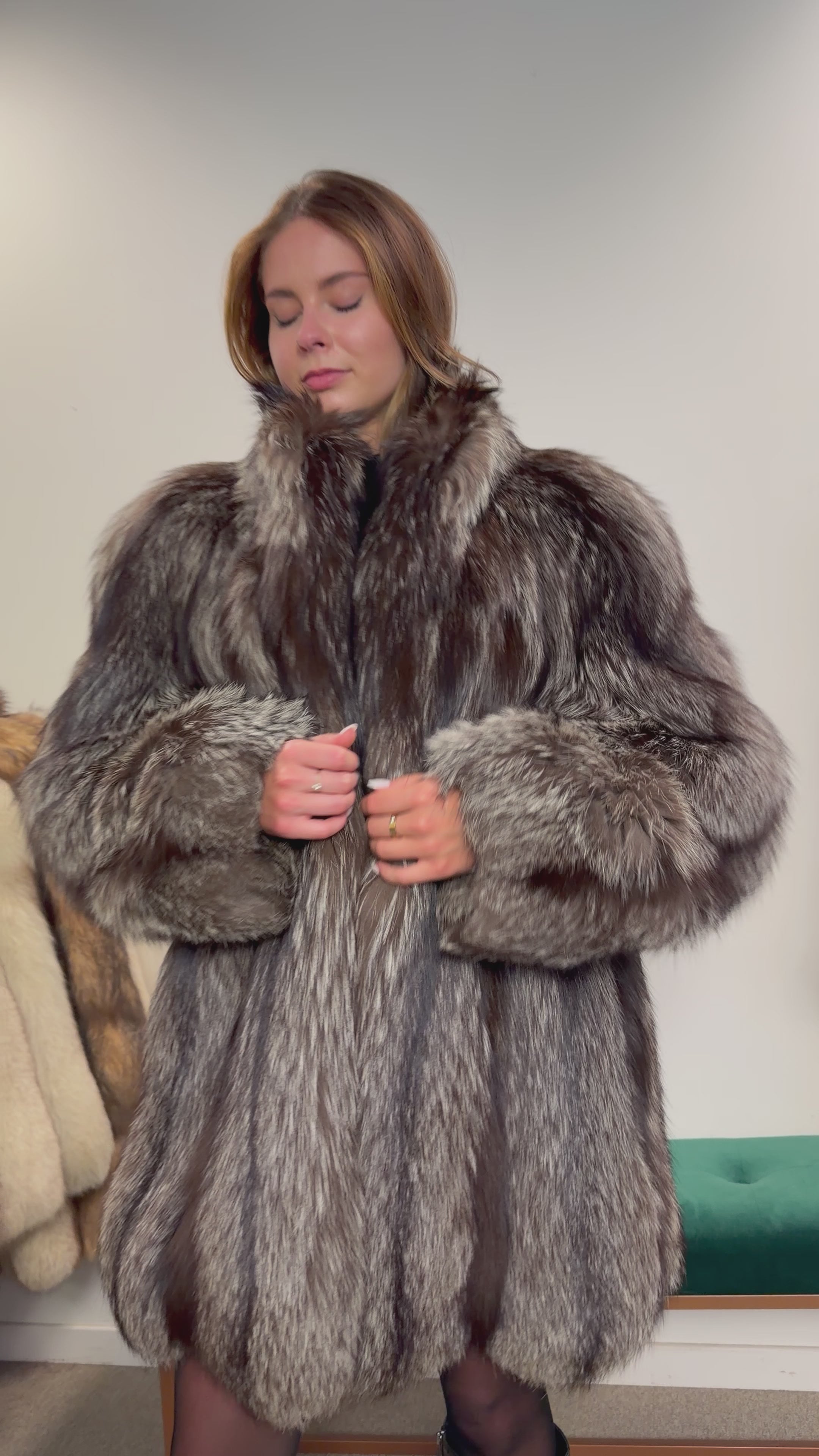 Silver Fox Real Fur Coat, Size L, Stand Up Collar