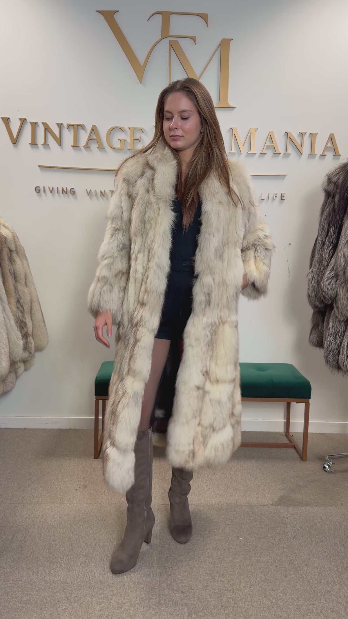 White Fox Fur Coat, Full Length, Pieced, Slim Medium