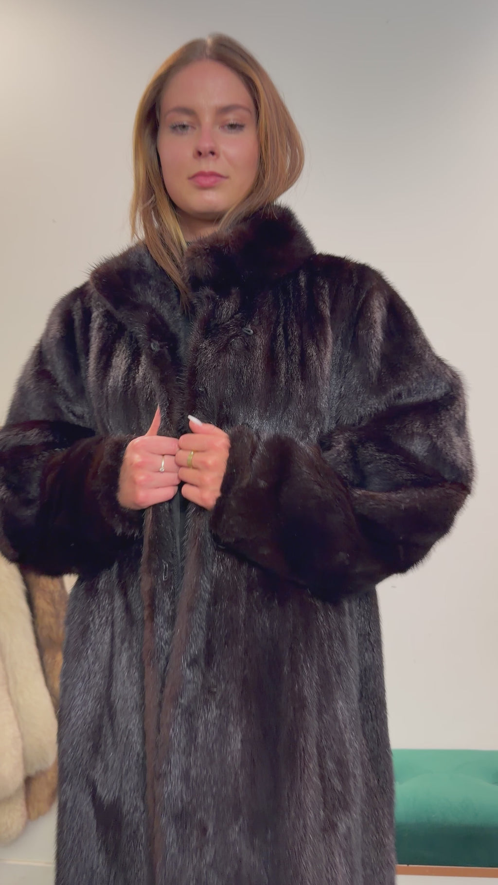 Mink Fur Coat, Black Brown, Full Length, Size XL
