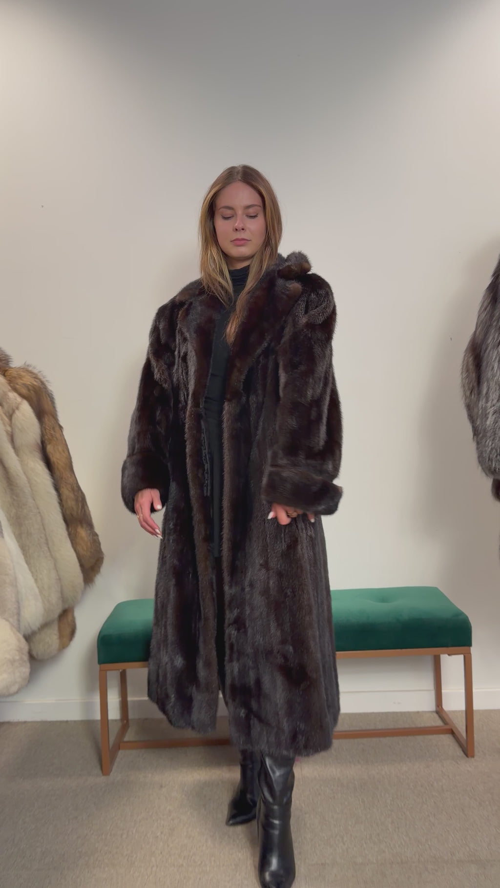 Mink Fur Coat, Dark Brown, Full Length, Size L
