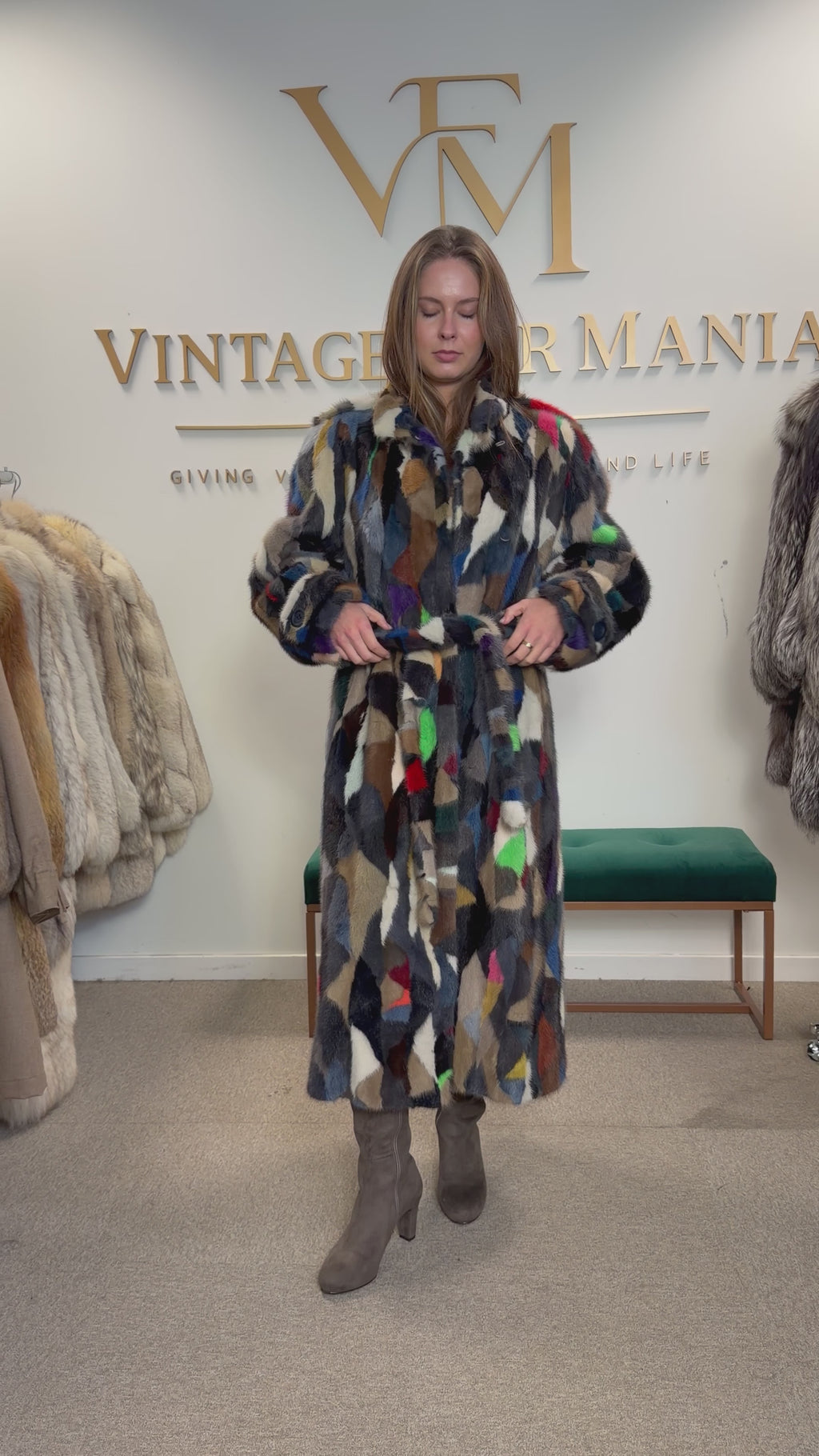 Mixed Colour Dyed Mink Fur Coat, XL, Full Length, Belted
