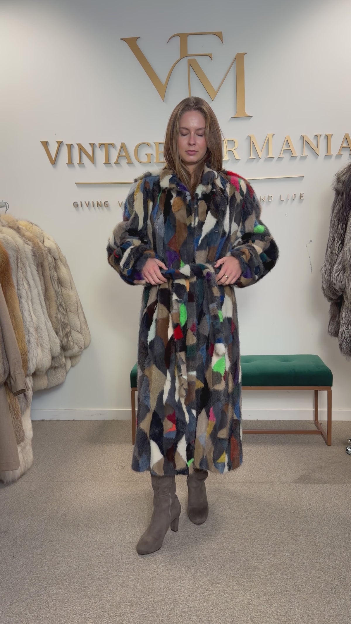Mixed Colour Dyed Mink Fur Coat, XL, Full Length, Belted