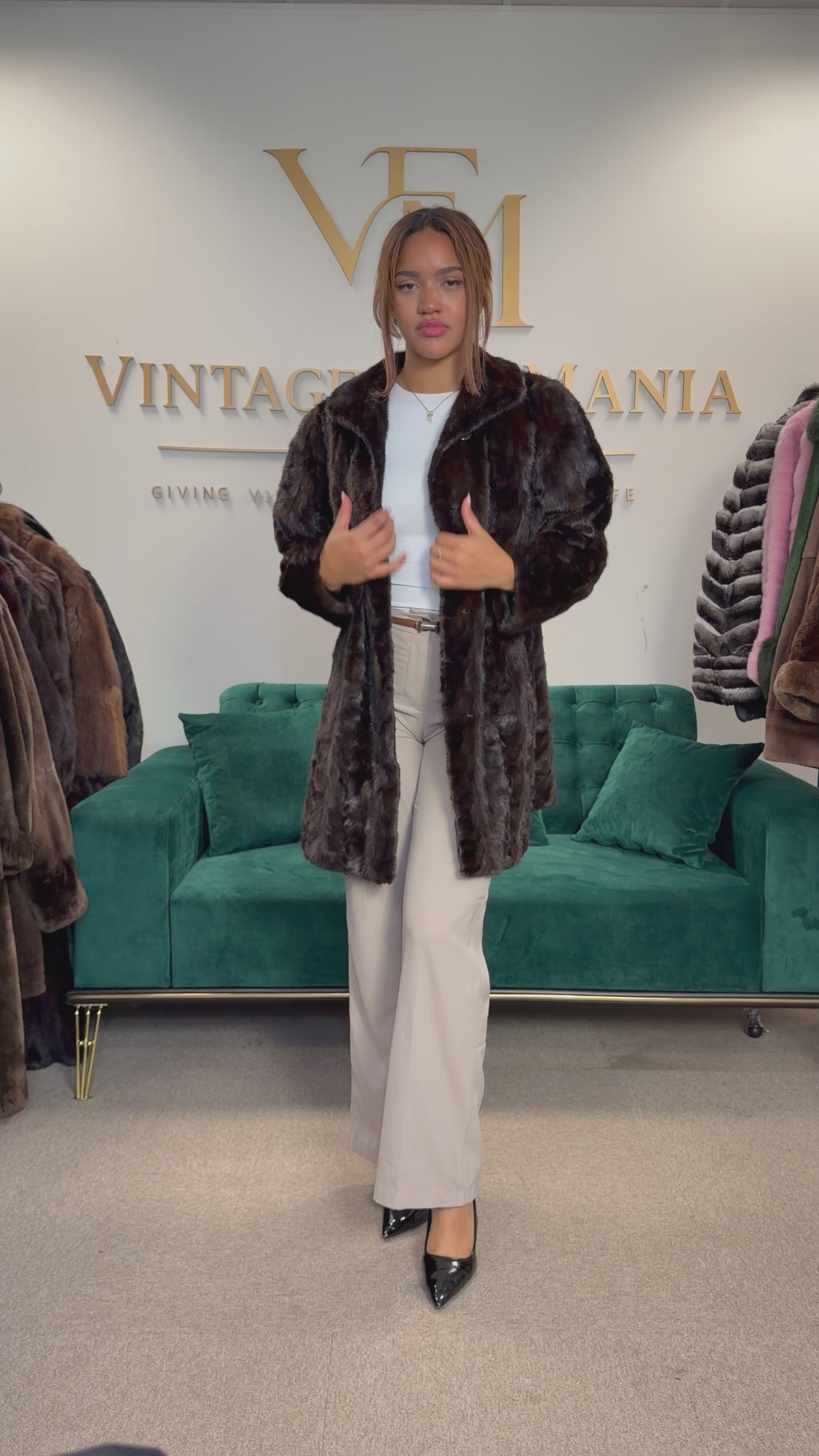 Brown Mink Fur Coat, Large, Pieced
