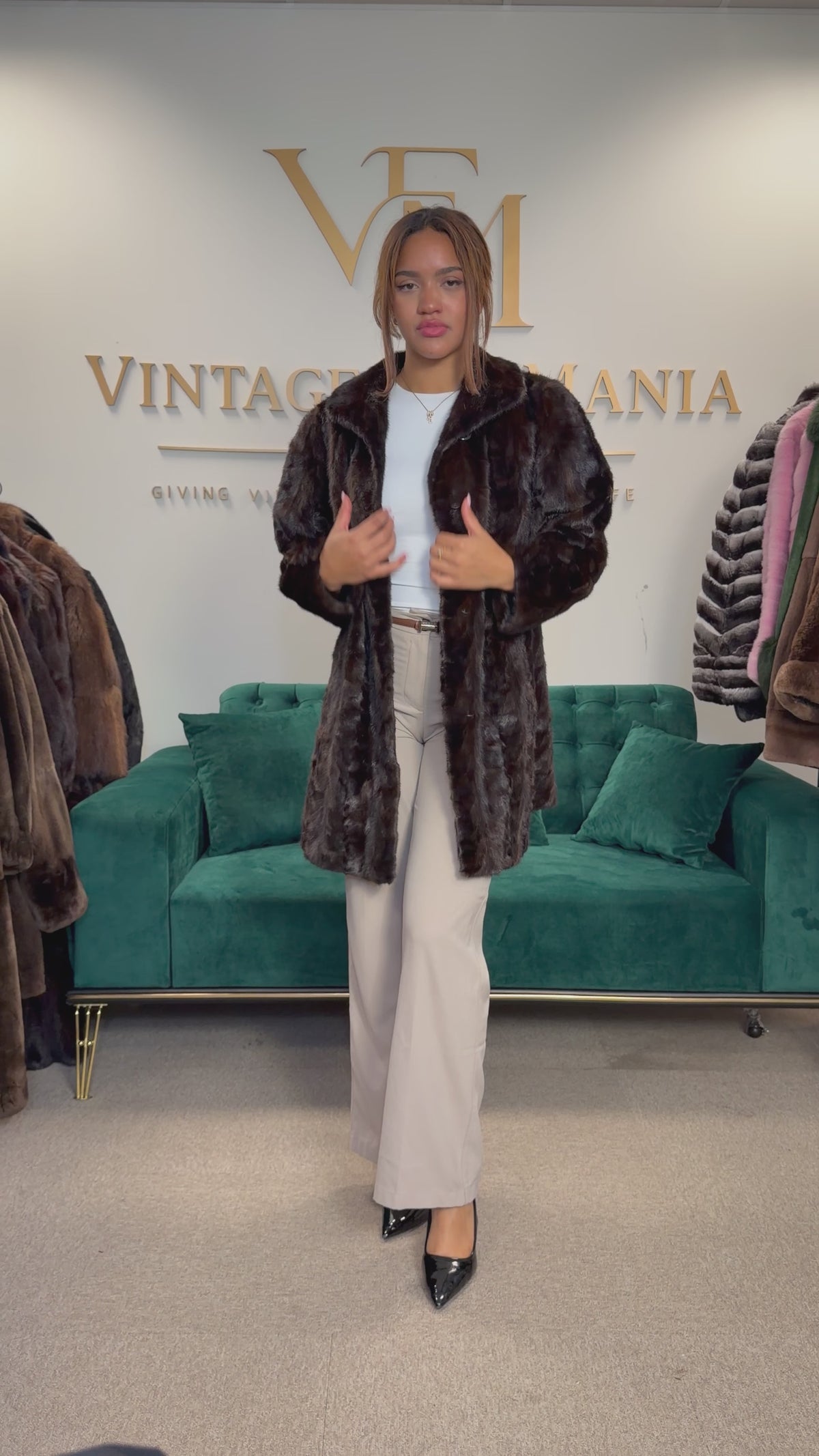 Brown Mink Fur Coat, Large, Pieced