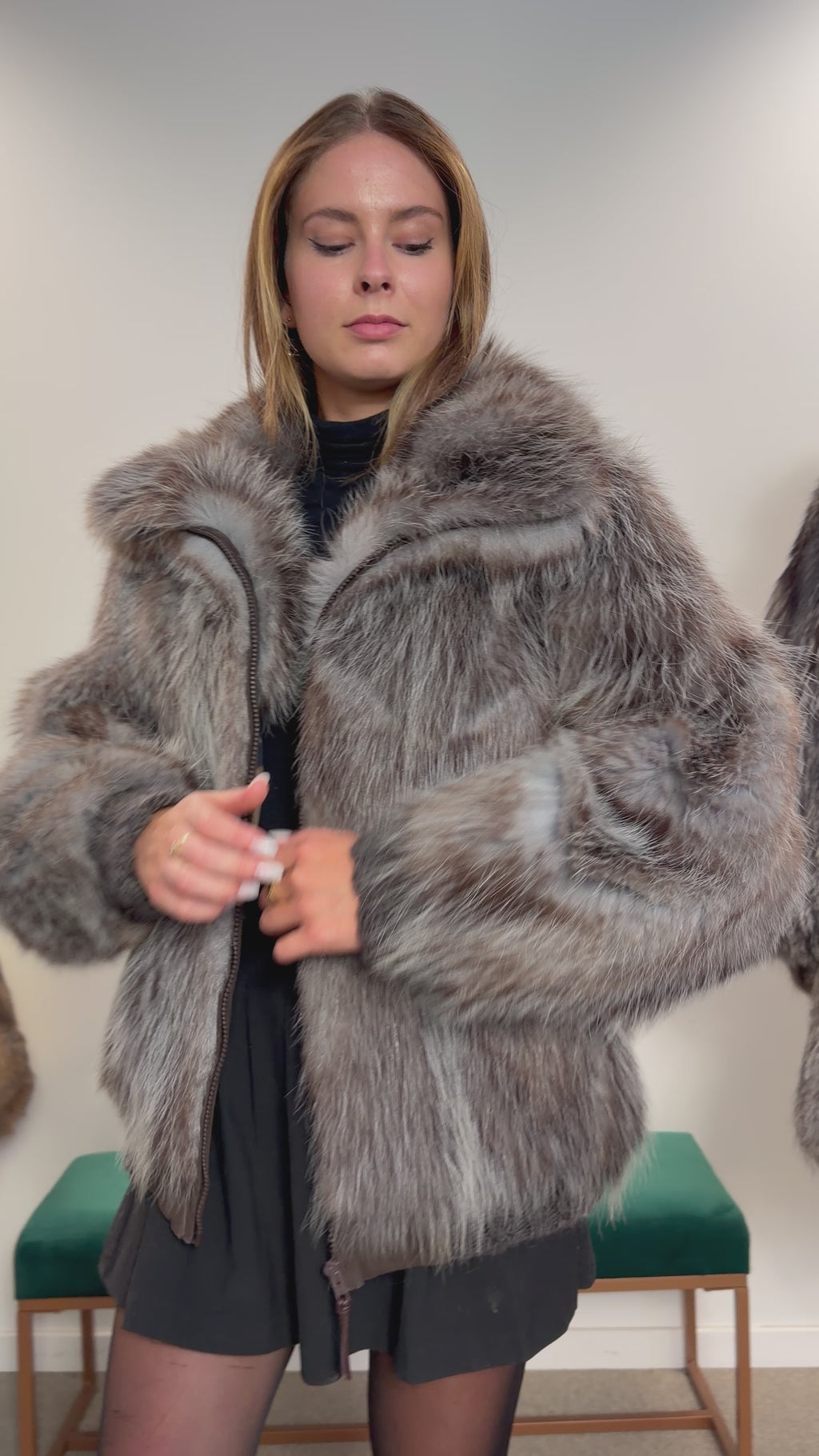 Opossum Fur Jacket, Hooded, Size M