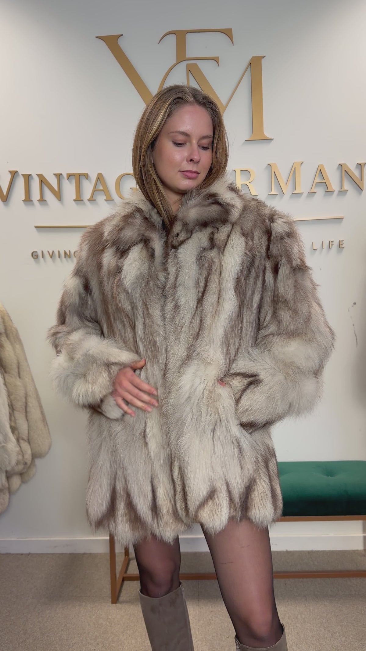 White Fox Fur Coat, Medium, Pieced, Light Weight