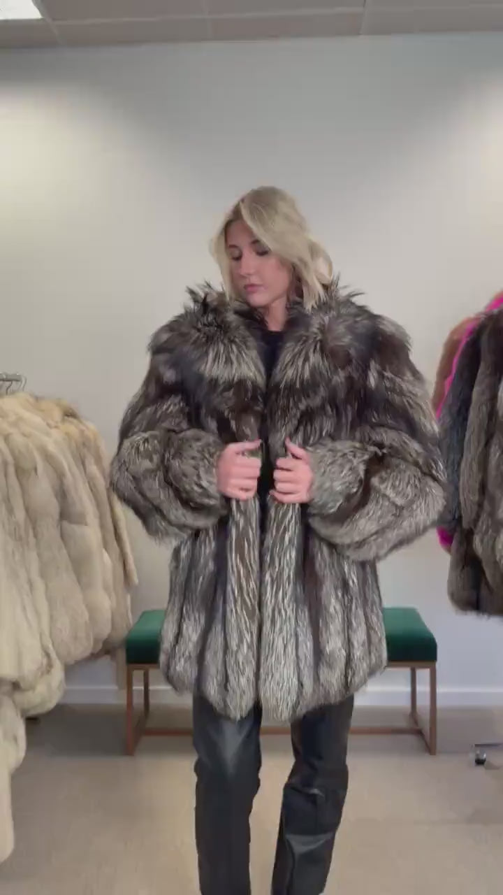 Silver Fox Fur Coat, Medium Size, Soft and Fluffy Fox Fur, Genuine Silver Fox, Luxurious & Elegant Fur Coat, French Brand, Rare Design Coat