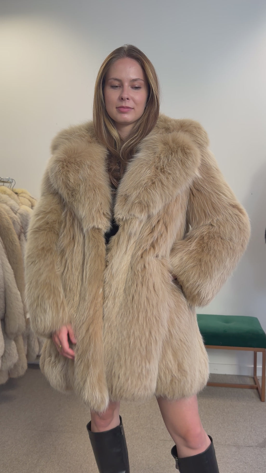 Fluffy Fox Fur Jacket, Beige Cream, Size M