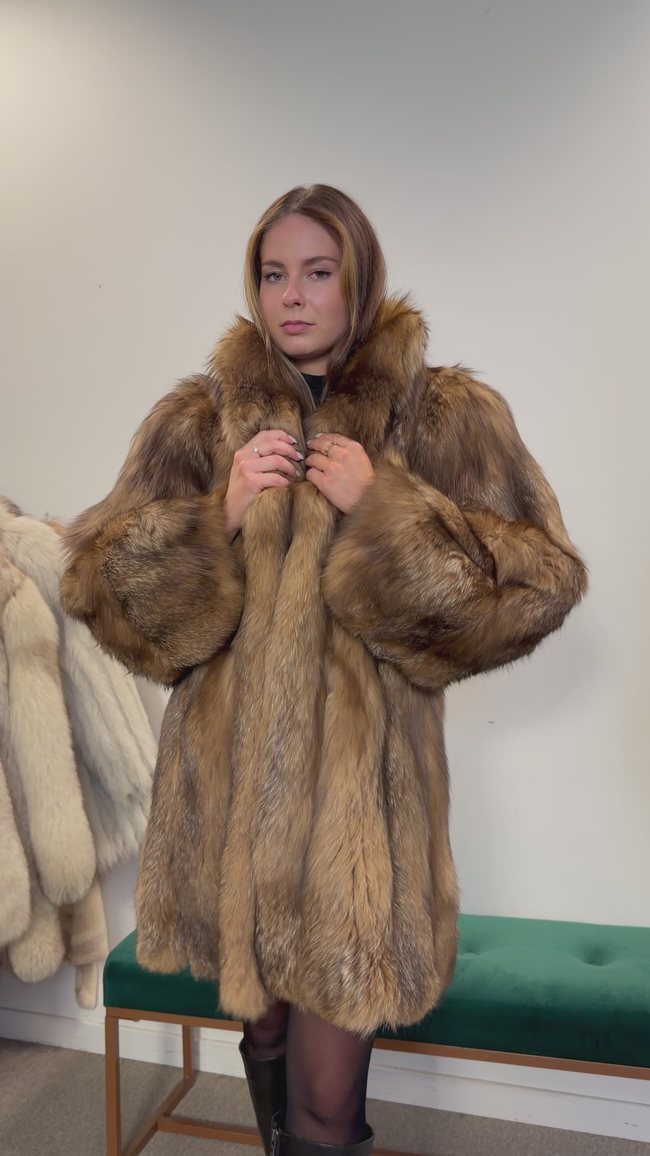 Fox Fur Coat, Cross Fox, Shoulder Pads, Size M