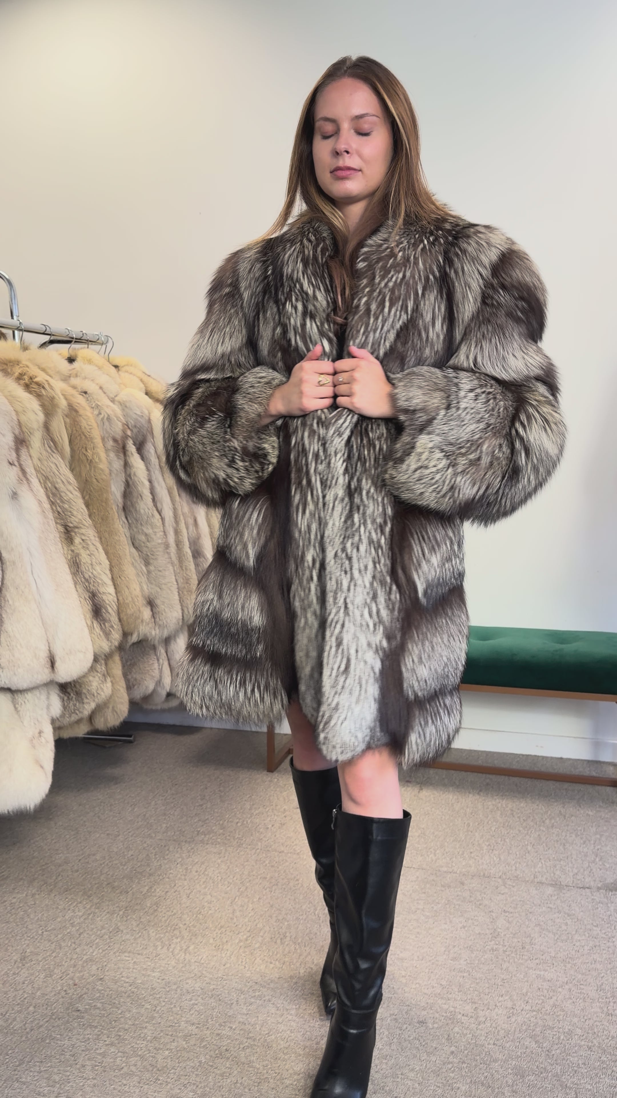 Real Silver Fox Fur Coat, Long Oversized, Size XL