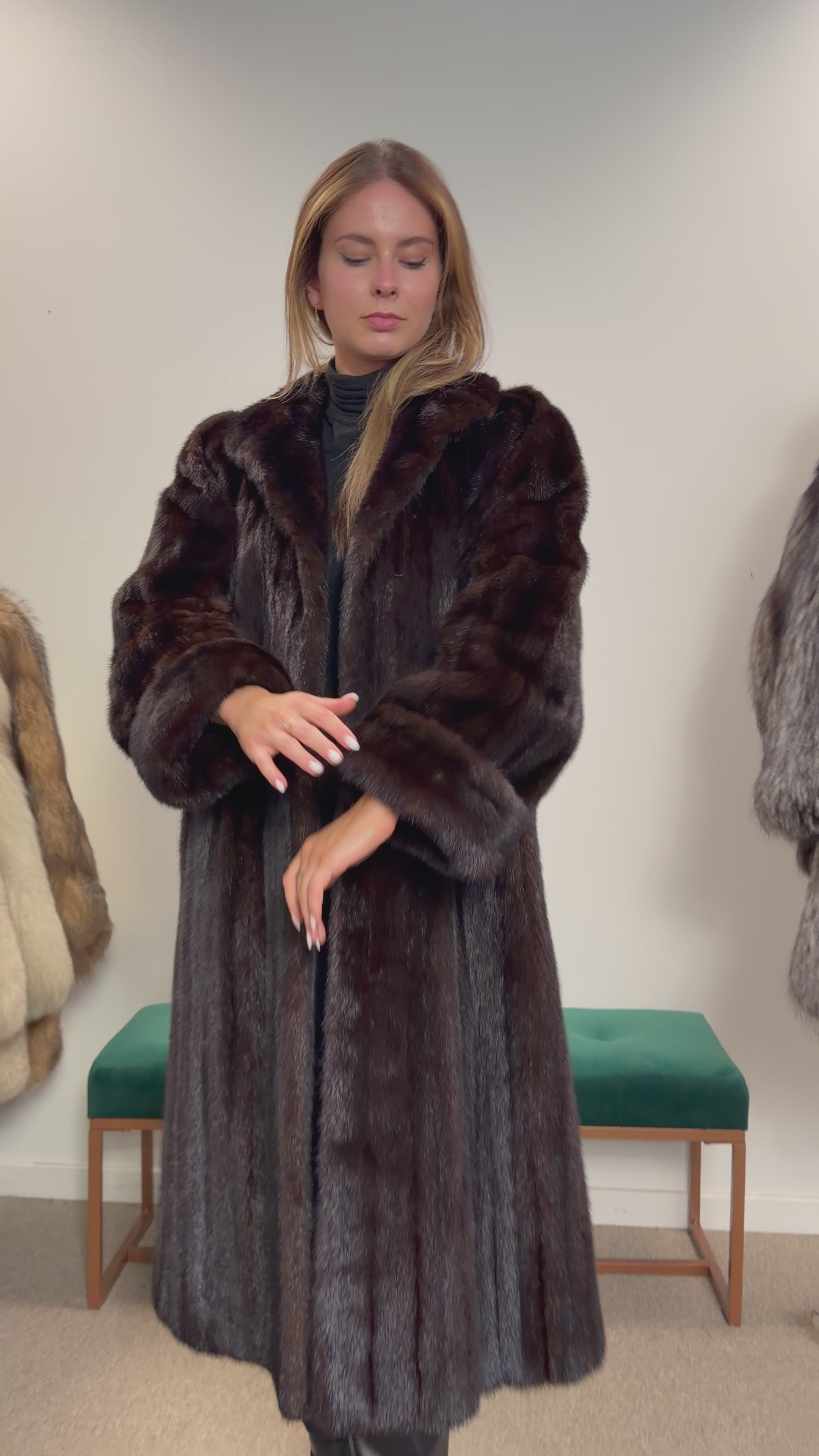 Mink Fur Coat, Dark Brown, Size L
