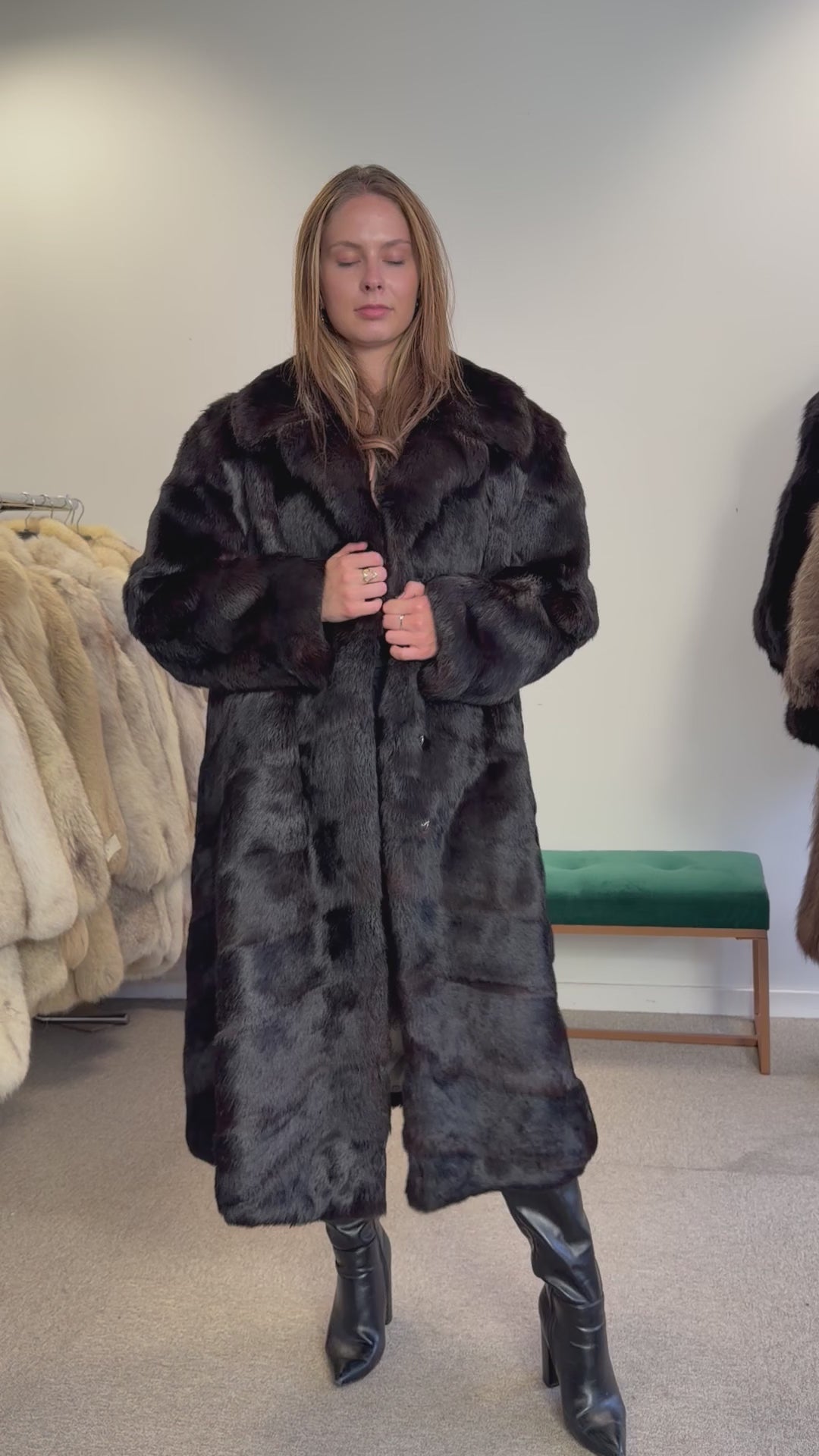 Black Rabbit Fur Coat, Large, Full Length, Soft