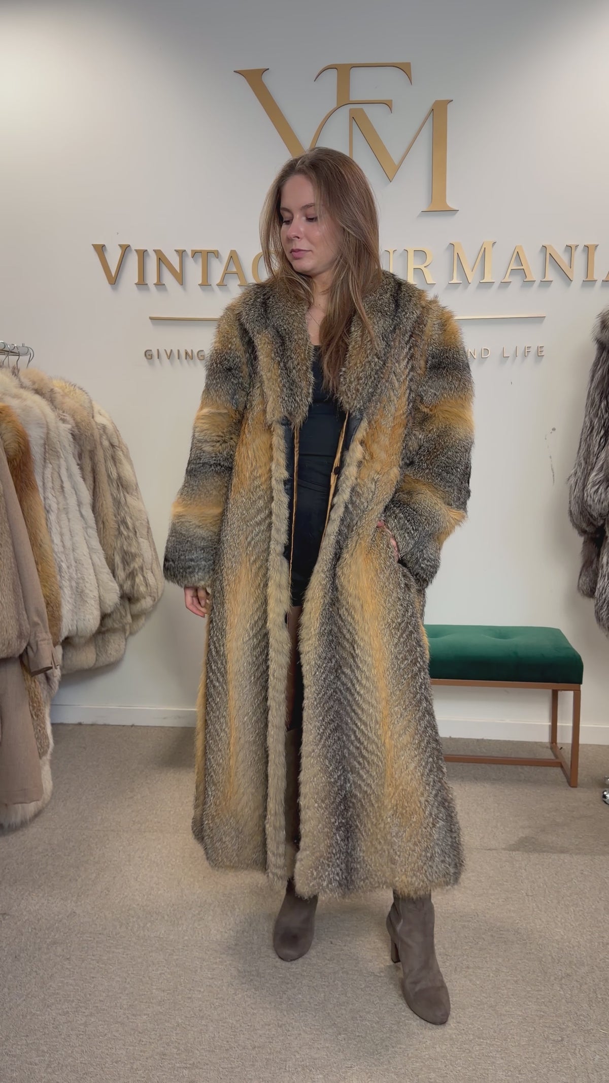 Grey Cross Fox Fur Coat, Large, Full Length