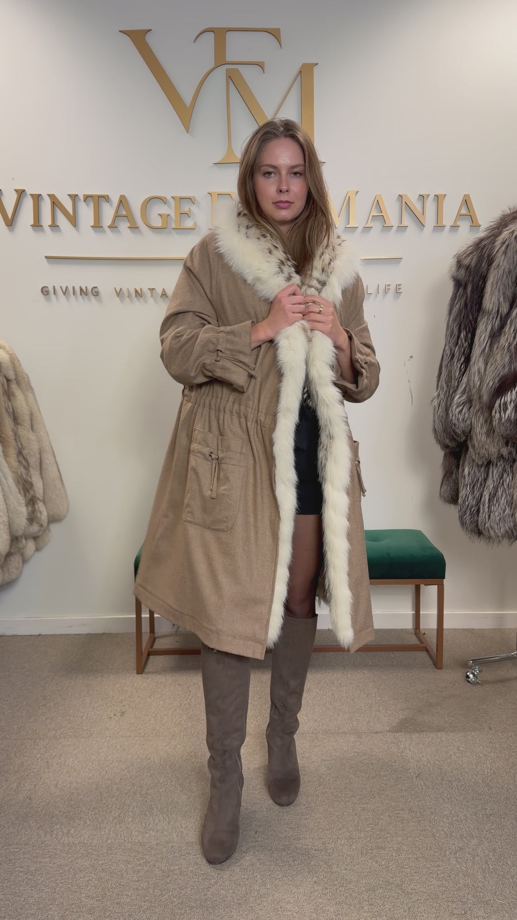 Light Beige Finn Raccoon Fur-Lined Overcoat, Medium