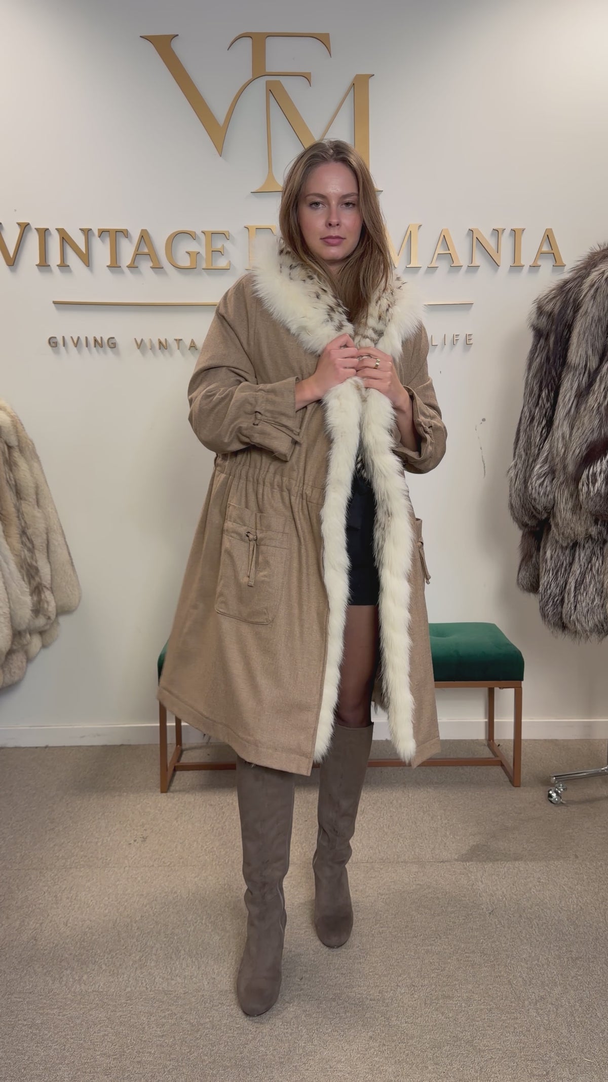 Light Beige Finn Raccoon Fur-Lined Overcoat, Medium