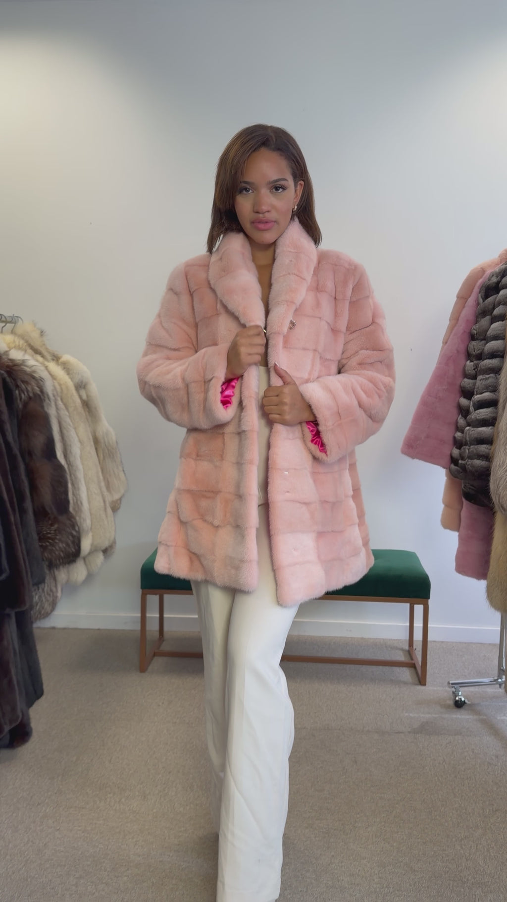 NEW Mink Fur Coat, Pink Lining, Size L