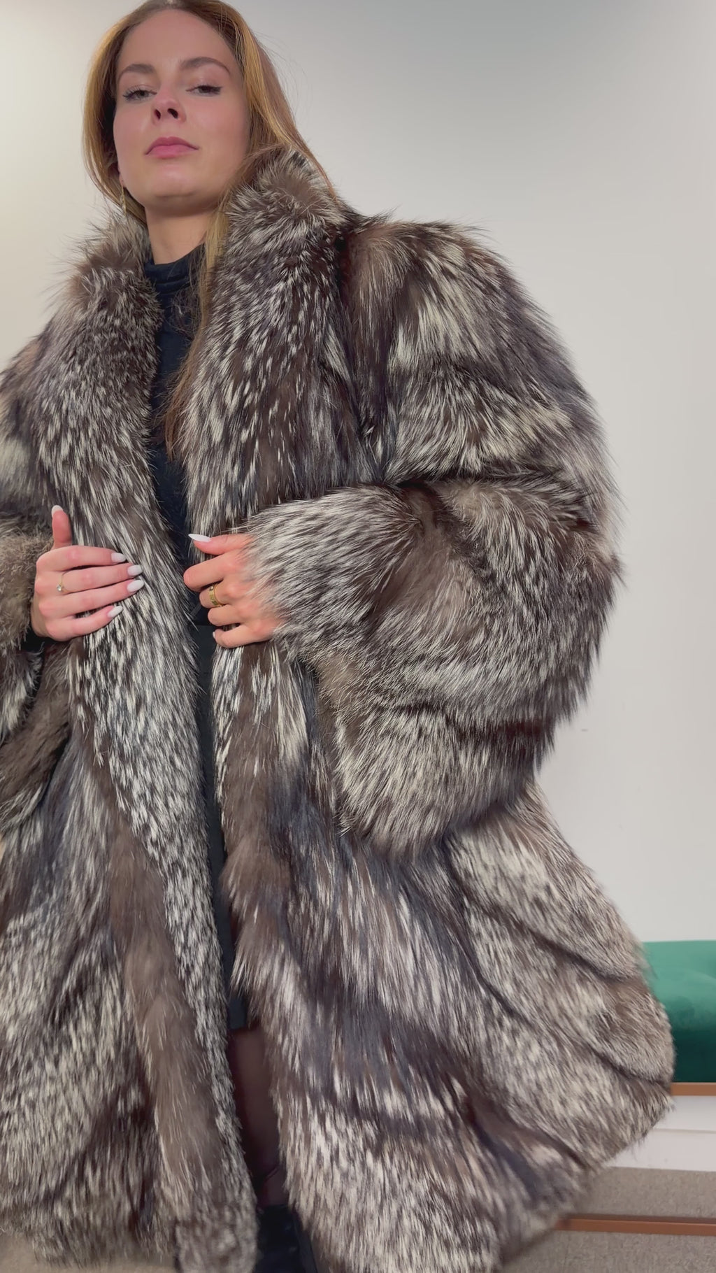 Silver Fox Real Fur Coat, Size XXL, Full Length Shawl Collar
