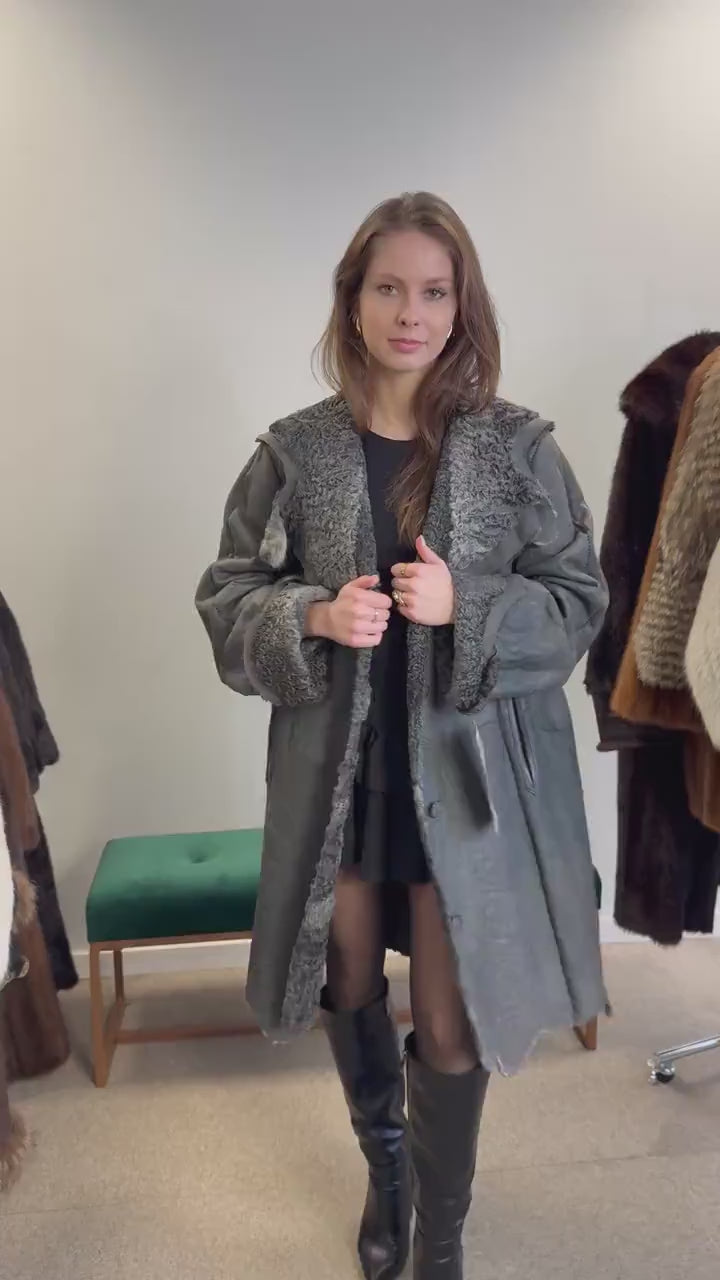 New Persian Swakara Coat, Grey Astrakhan Coat, Medium Size, Double Sided Fur Coat, Grey Fur Coat, Astrakhan Fur Coat, Fur Leather Coat