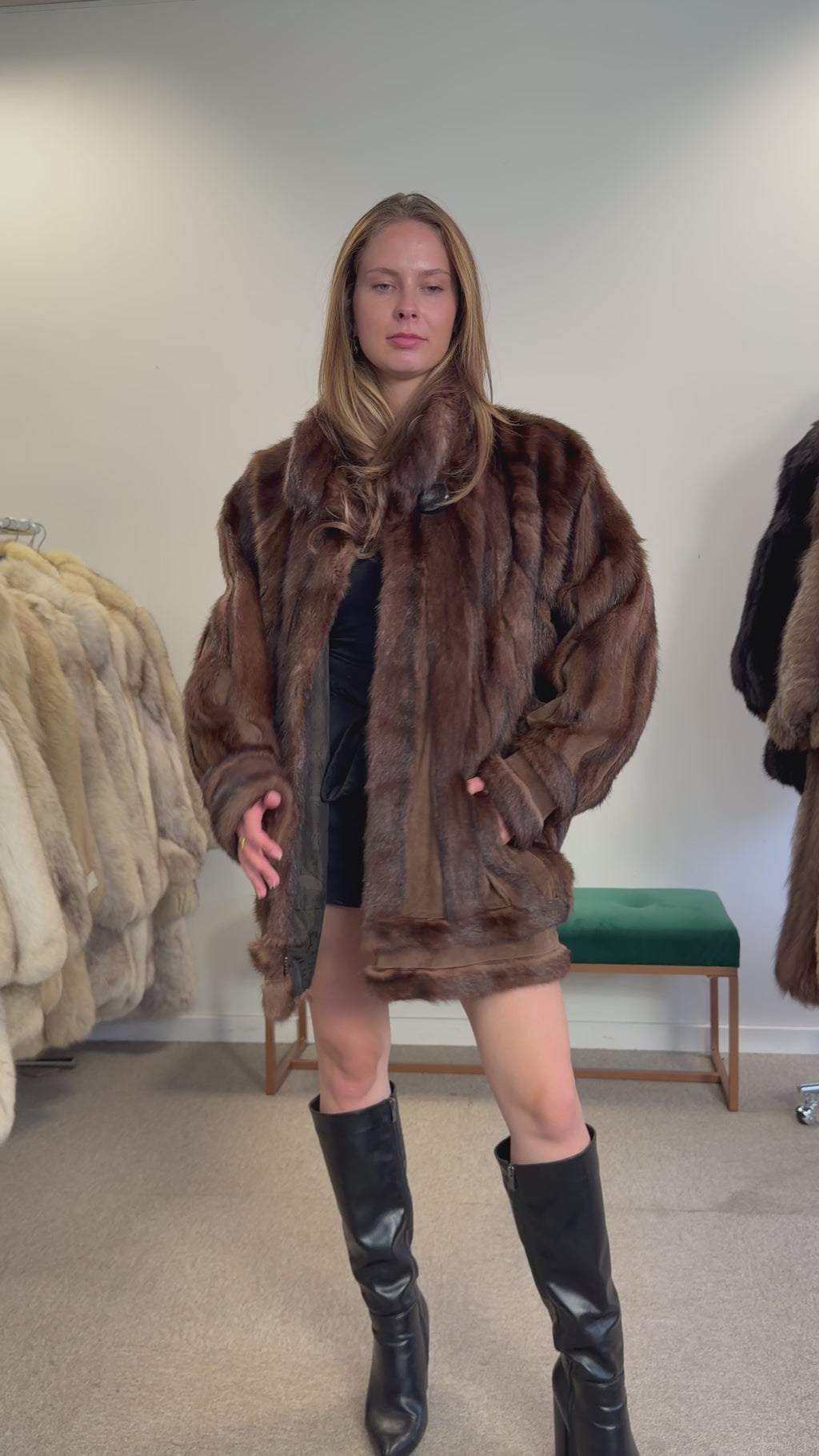 Brown Faux Mink Fur Jacket, Butterfly Style, Fits Large
