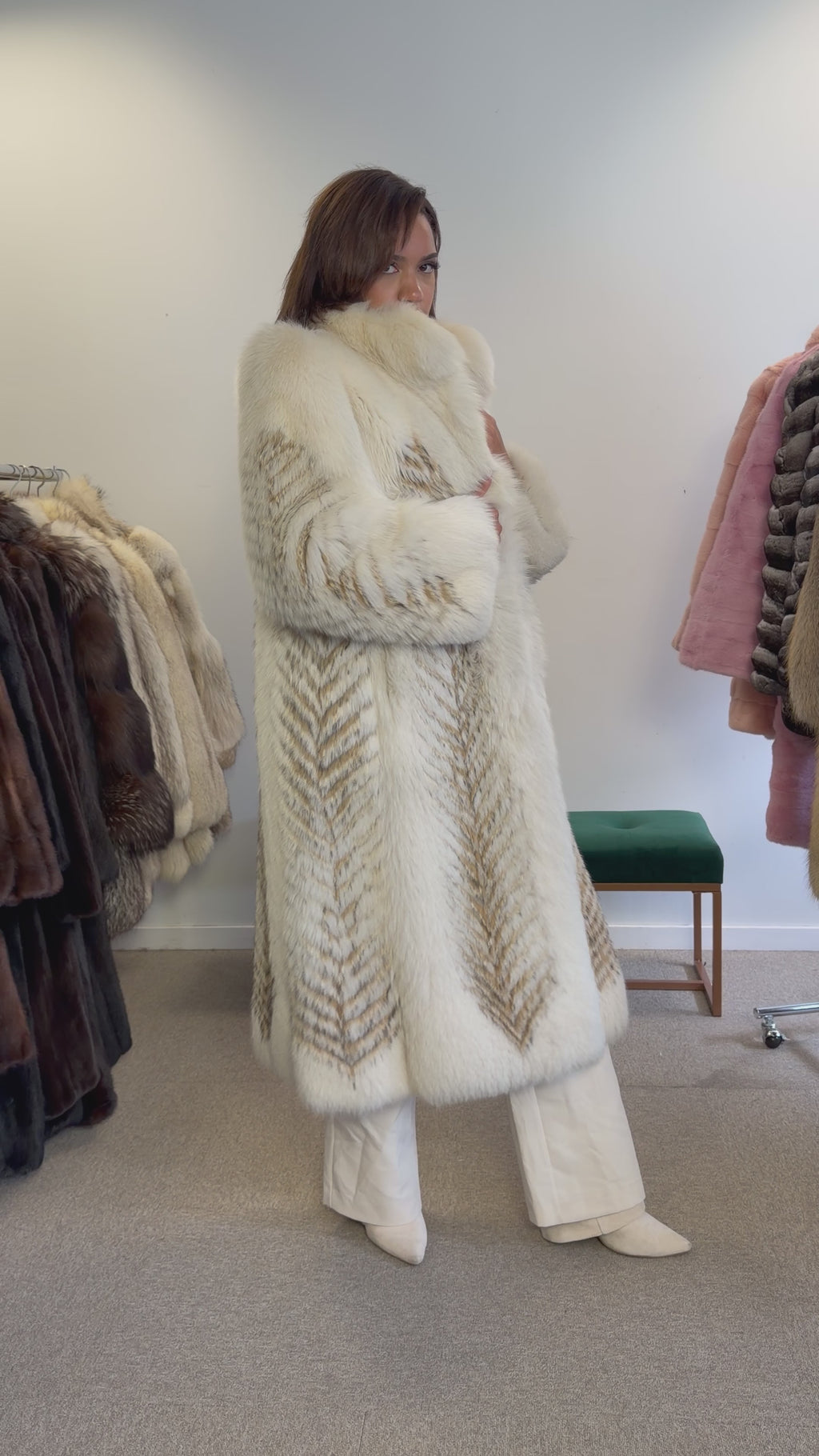 Fox Fur Coat, White with Finn Raccoon, Size M