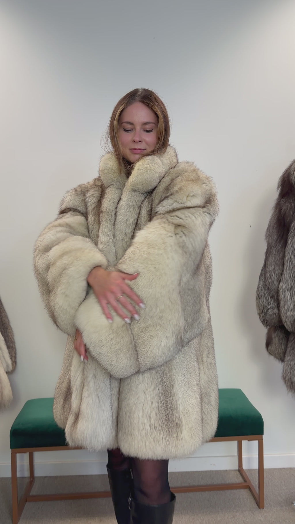 White Blue Fox Fur Coat, Size XL