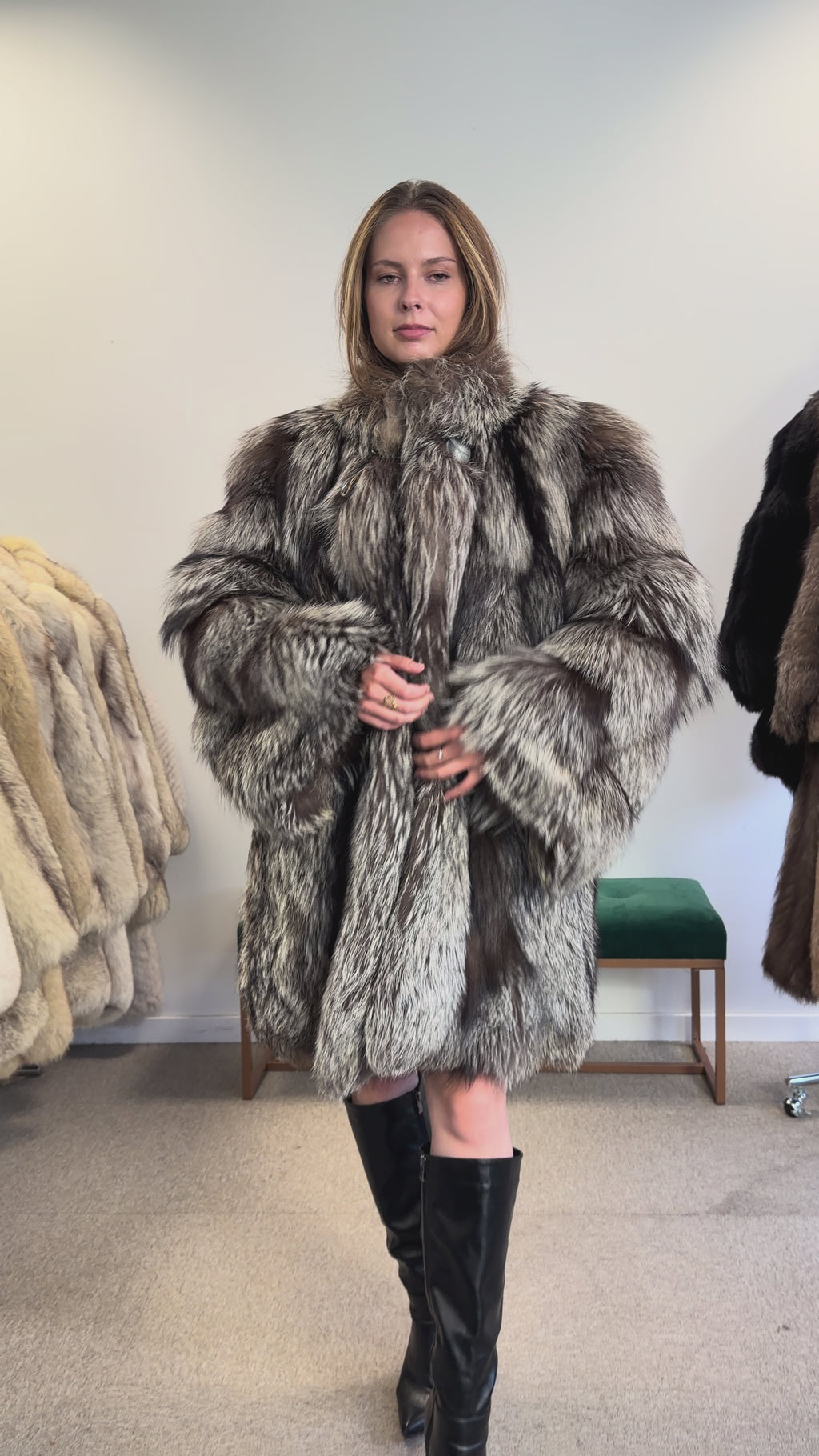 Real Silver Fox Fur Coat, Oversized, Size XL