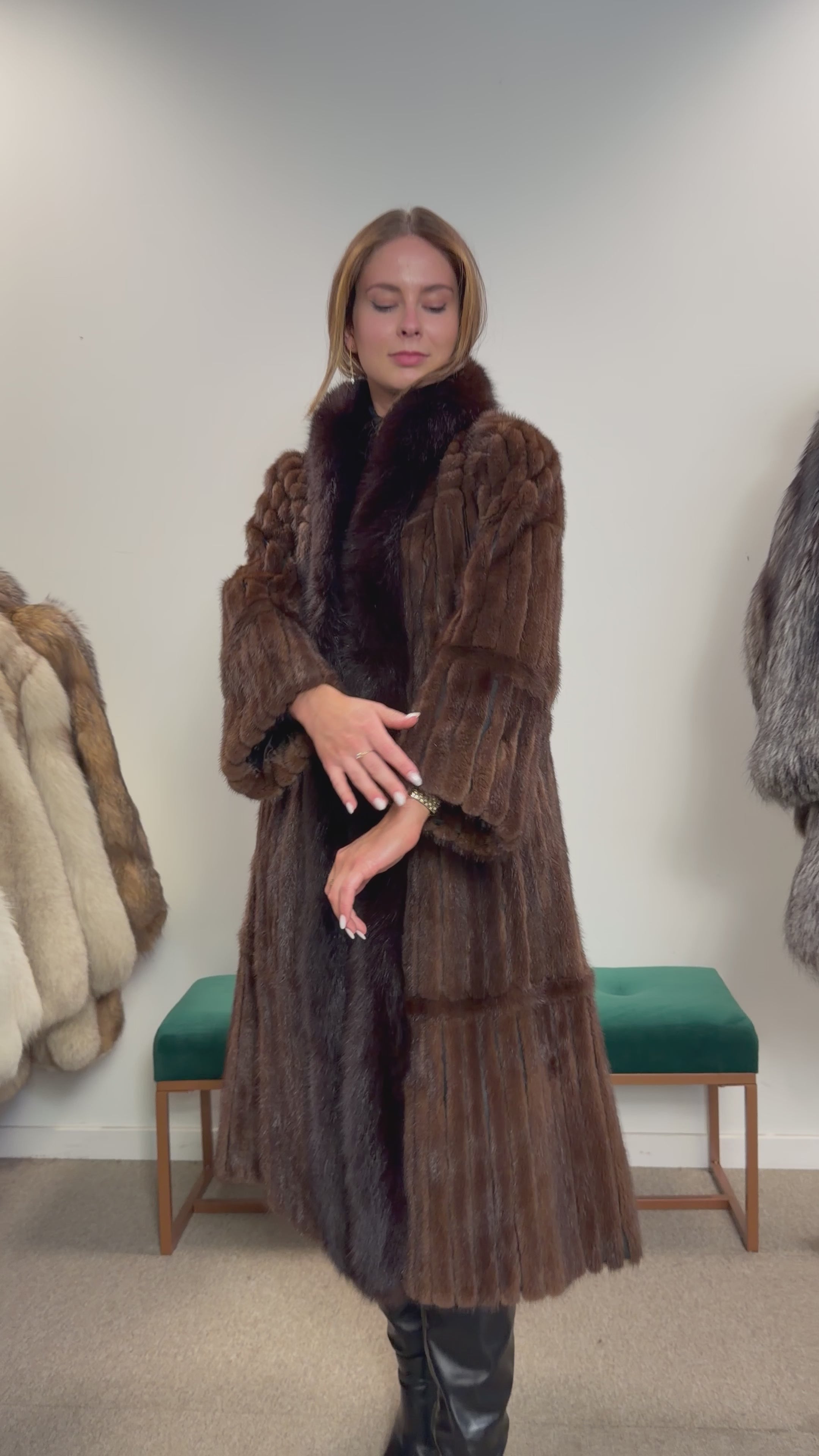 Brown Mink Fur Coat, Fox Collar, Size M