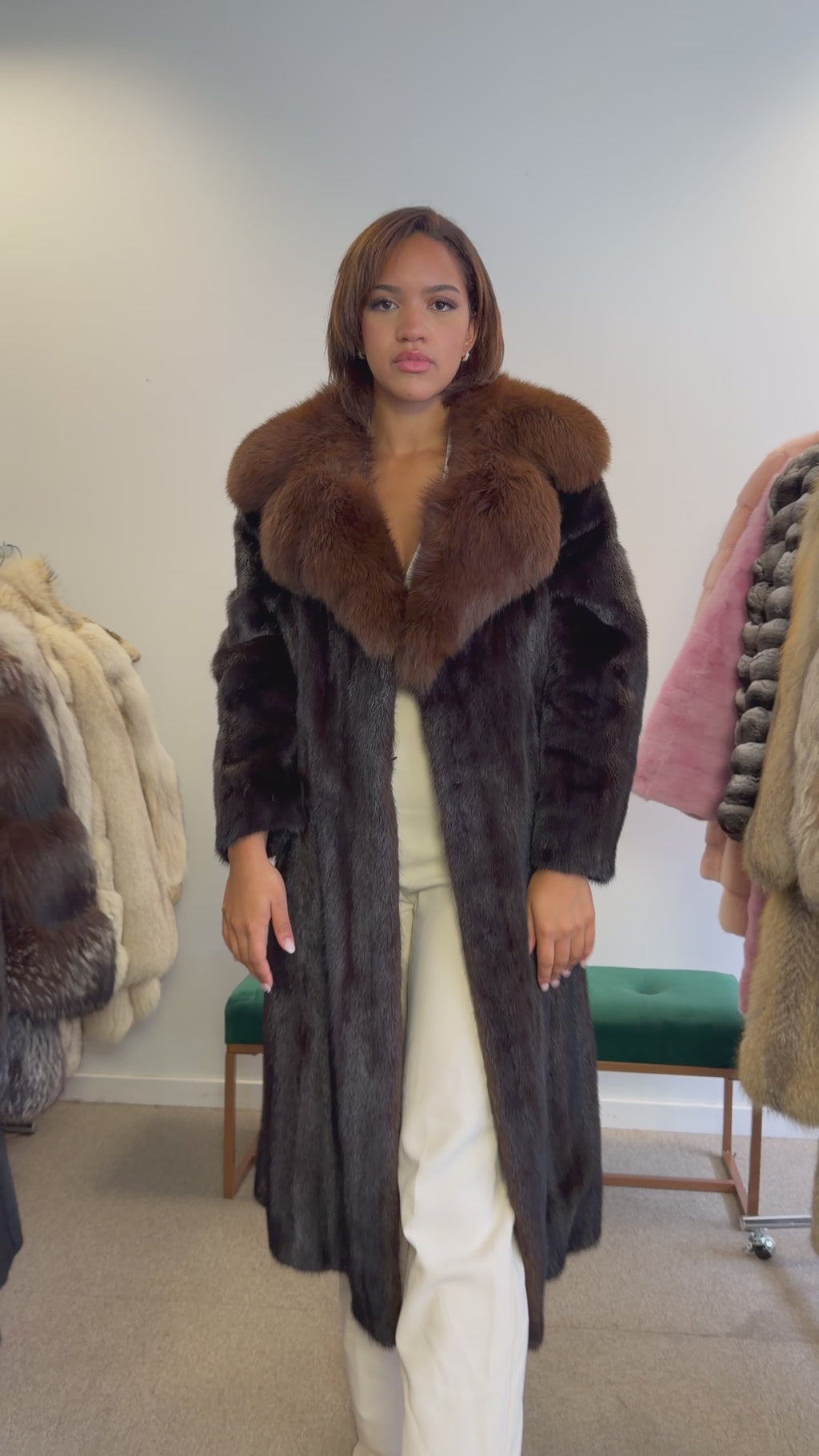 Mink Fur Coat, Dark Brown, SAGA Mink with brown fox Collar, L size