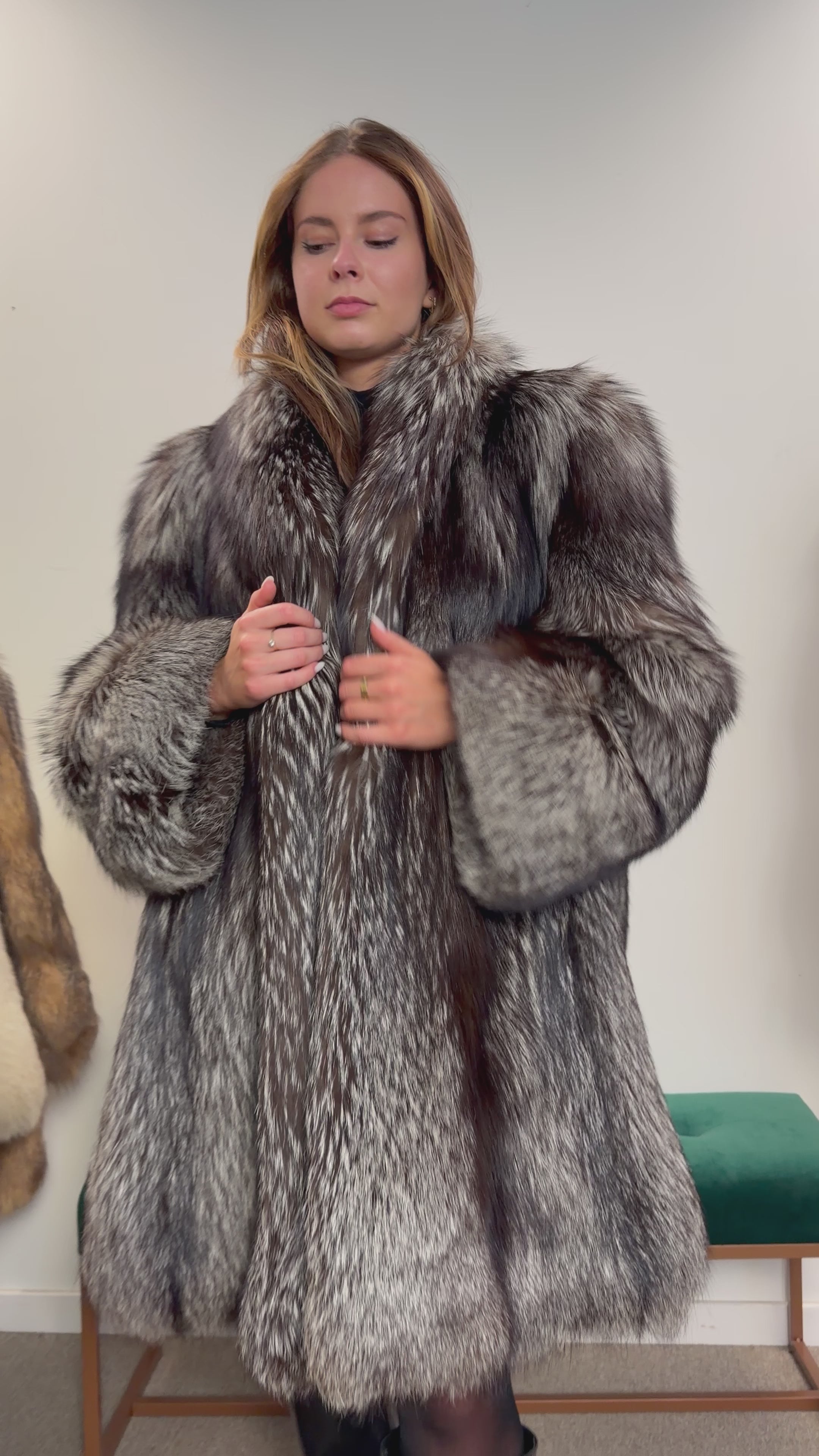 Silver Fox Real Fur Coat, Size XXL, Full Sweep Swing Coat