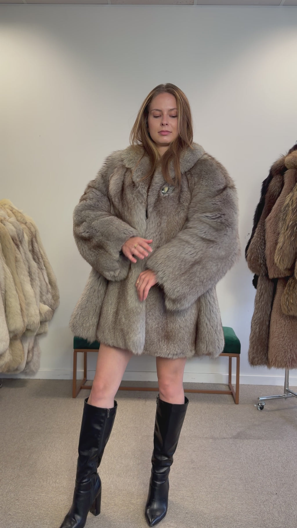 Blue Fox Fur Coat, Light Blue, Size M