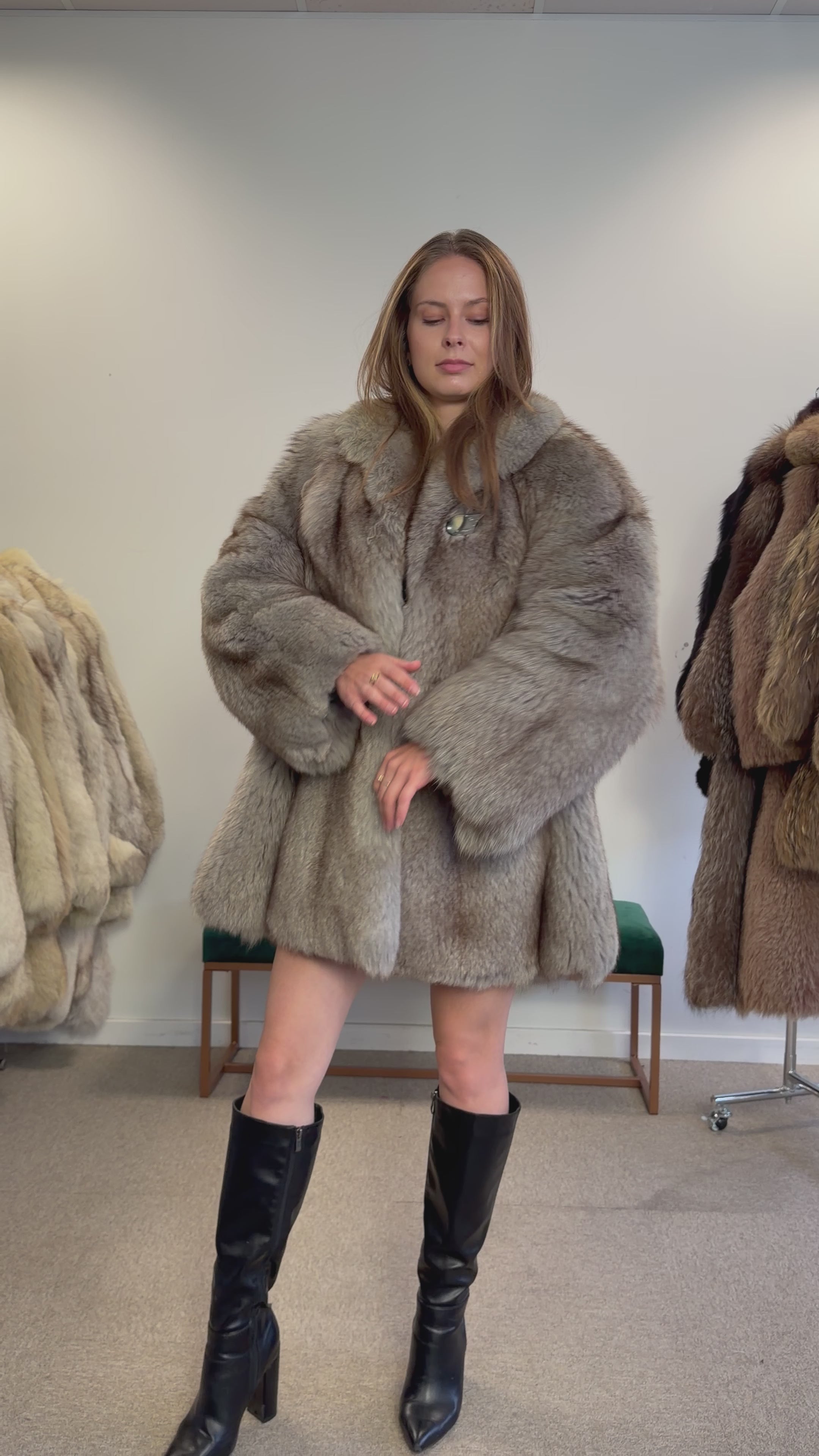 Blue Fox Fur Coat, Light Blue, Size M