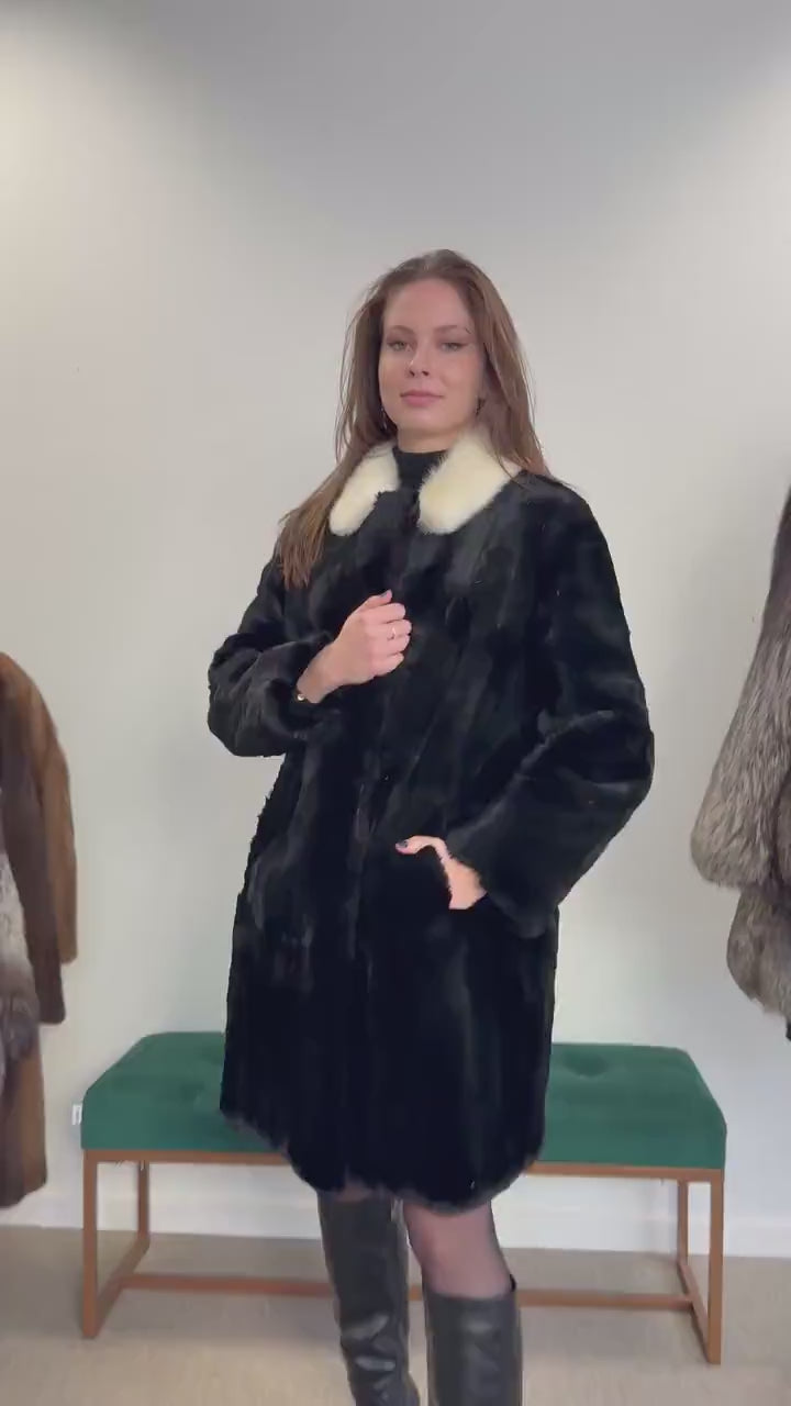 Sheared Rabbit Fur Coat, Mink Fur Collar, Medium Size, Black Rabbit Fur Coat, Thick Fur Coat, Soft Fur Coat, Vintage Fur Coat, Women's Coat