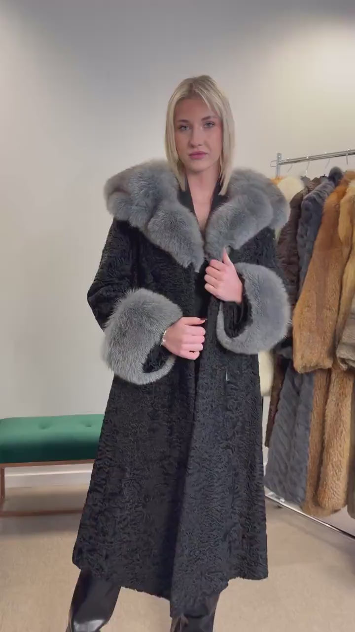 Black Astrakhan with Fox Fur Coat, Medium Size, Real Fur Coat, Astrakhan Fur Coat, Vintage Fur Coat, Black Fur Coat, Grey Fox Coat, Fox Fur