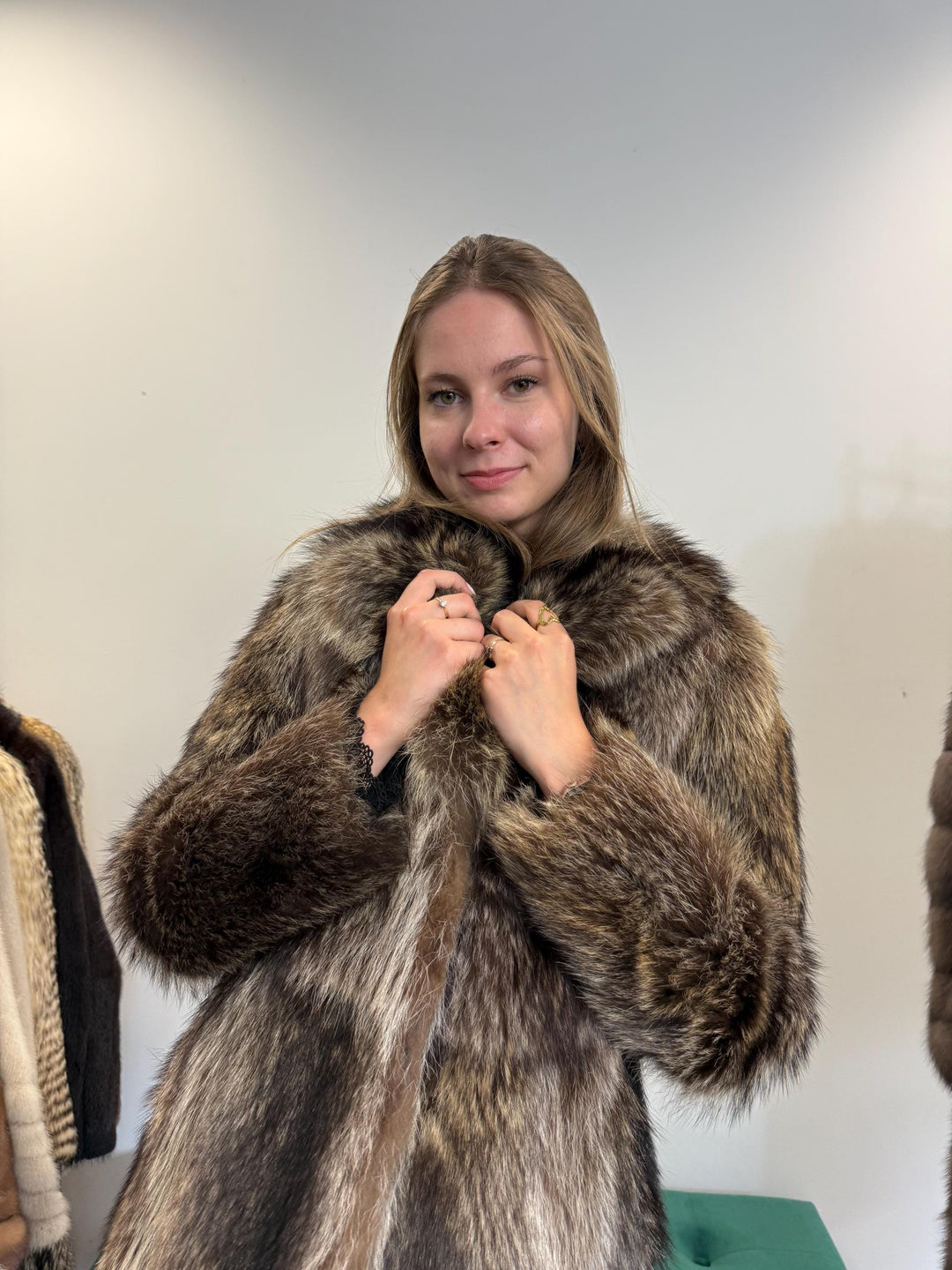 Real raccoon fur jacket, women’s vintage coat, soft high-quality fur, back view.