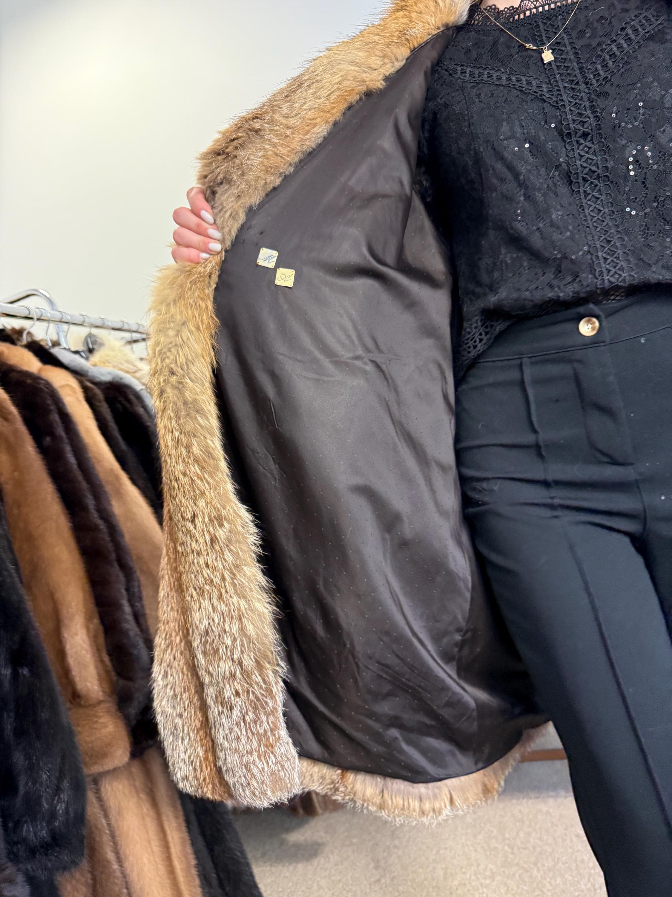 Open front view of red fox fur coat, women’s XXL, real fur, vintage full-length outerwear.