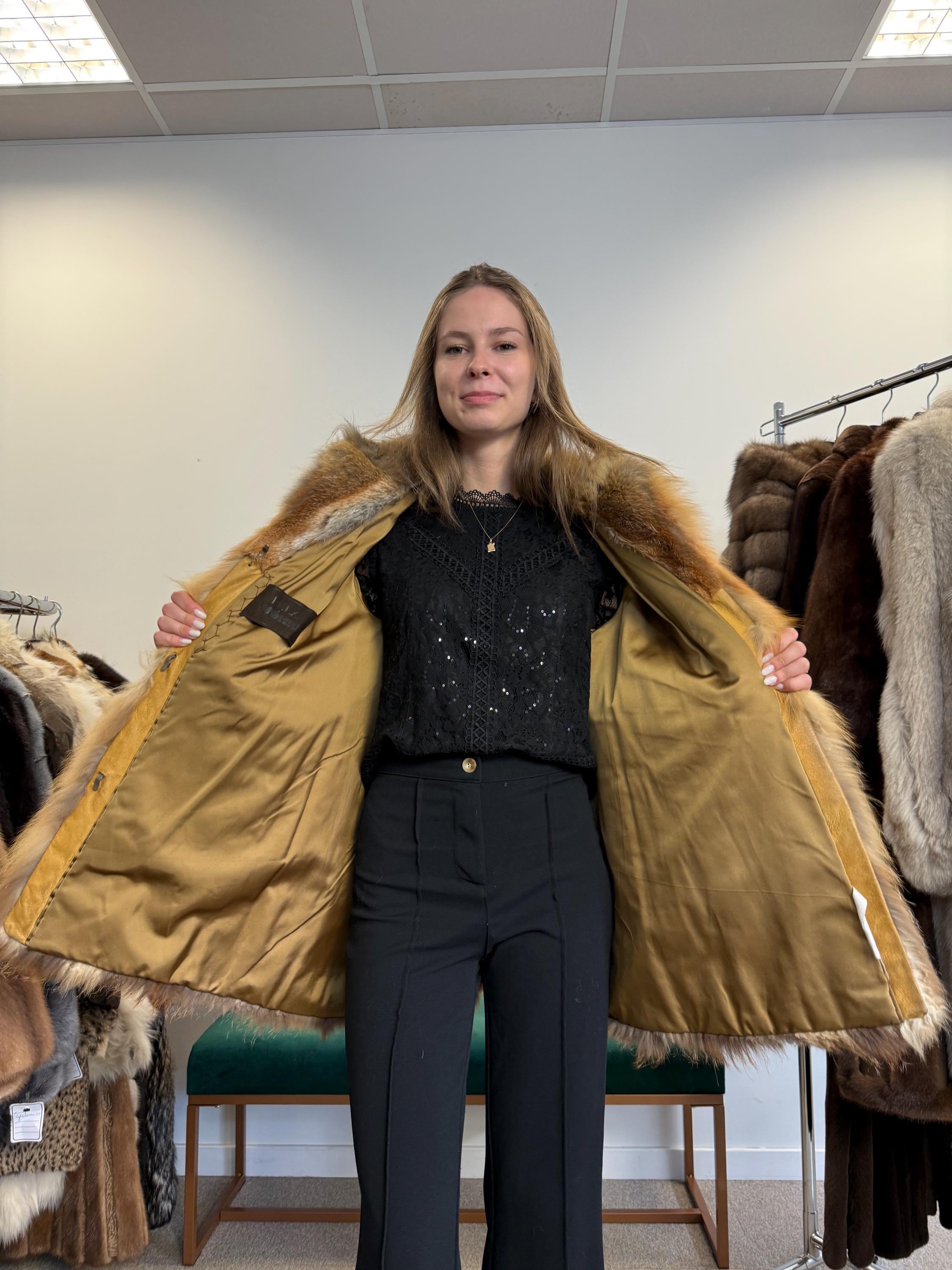 Women’s red fox fur jacket worn closed, soft luxurious fur, vintage M coat.