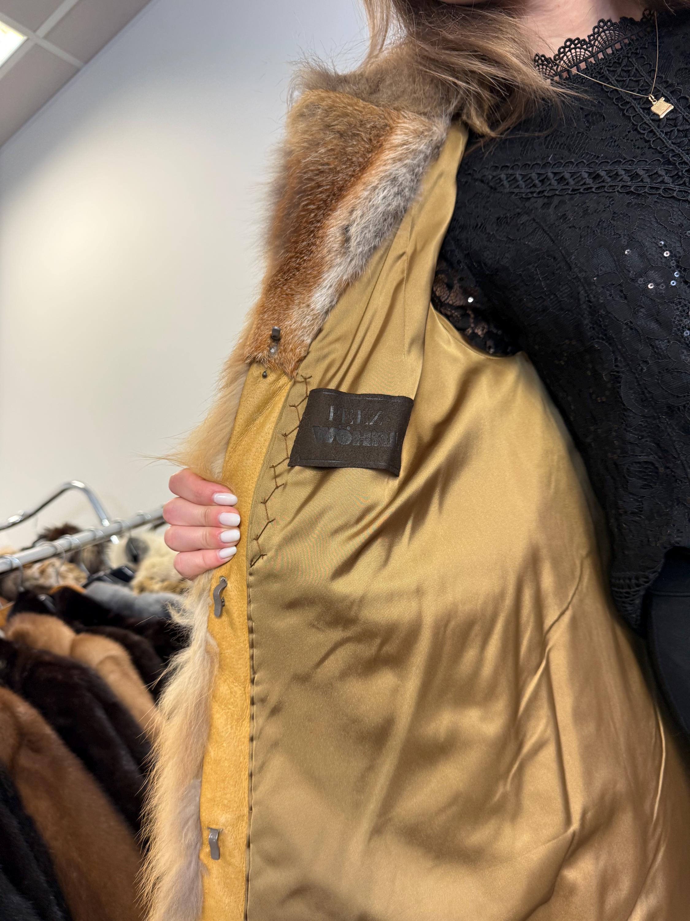 Open front view of red fox fur jacket, women’s medium, real vintage soft fur.