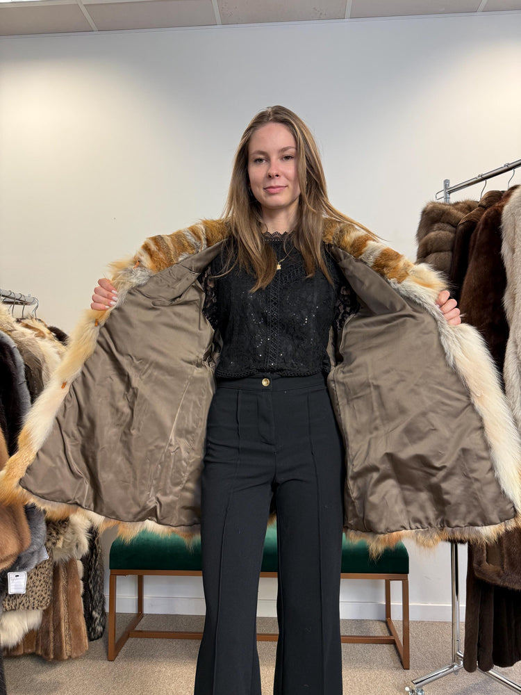 Side view of red fox fur jacket, women’s large, soft thick vintage real fur.