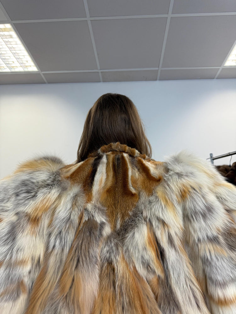 Close-up of soft red fox fur, women’s large vintage jacket, high-quality short fur.