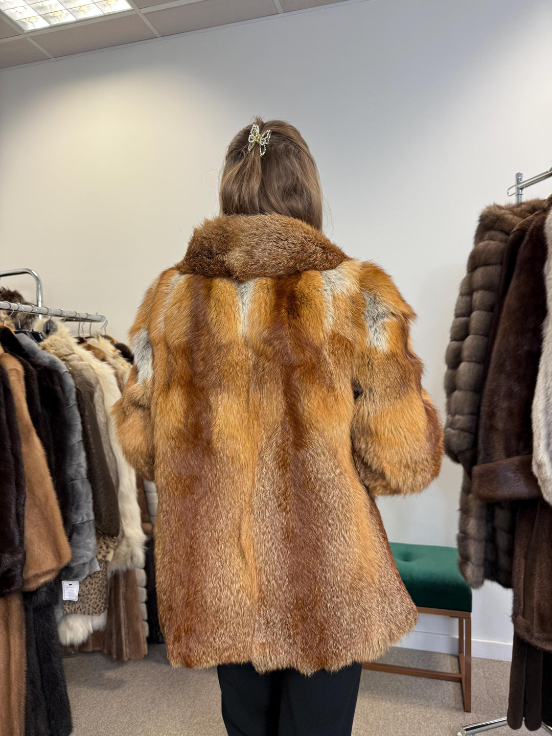 Open front view of red fox fur jacket, women’s vintage soft real fur.
