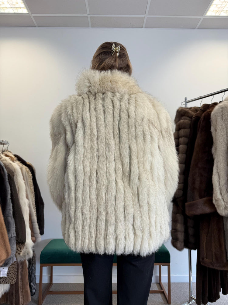 Back view white fox fur jacket, women’s medium, soft Saga Fox vintage coat.
